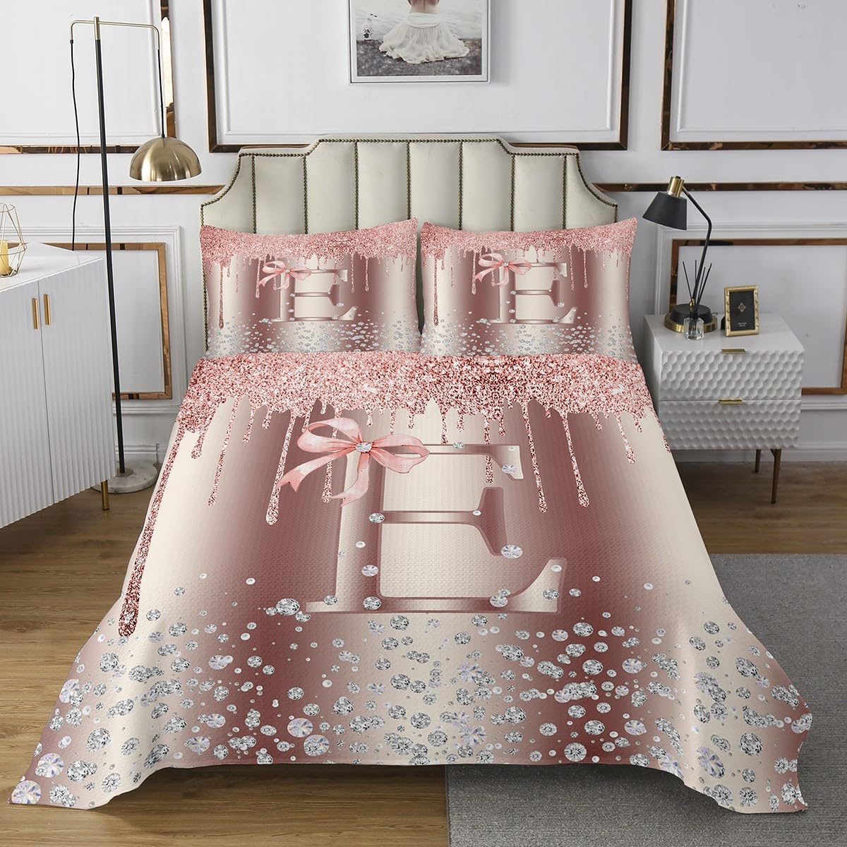 jejeloiu Pink Rose Gold Bedspread for Kids Boys Girls,Twin Size,Pink Bow Coverlet Set,Personalized Letter E Quilted Coverlet,Glitter Diamond Pattern Bedspread Cover,Monogrammed Bedroom Decor