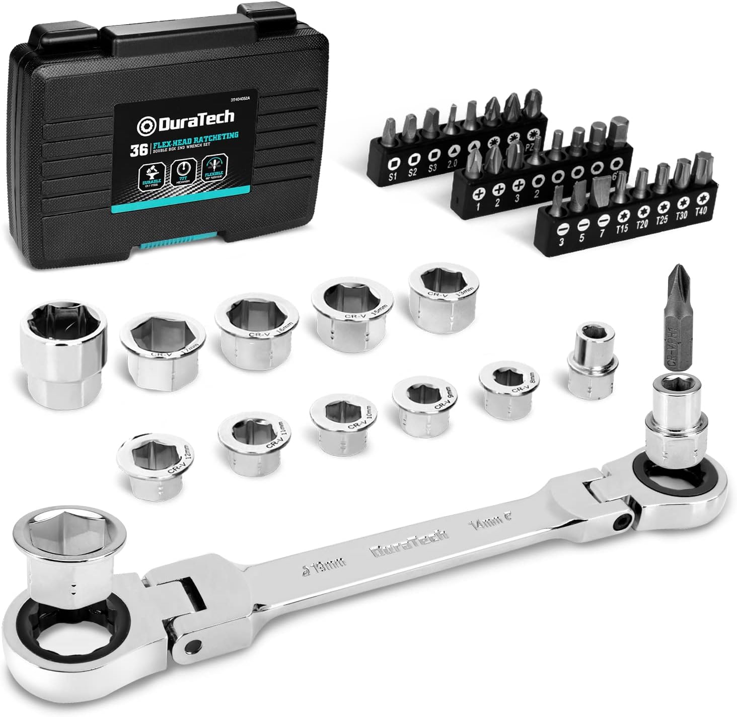 12-in-1 Flex-Head Ratcheting Wrench Set & 24-in-1 Screwdriver Set, Double Box End Wrench 8-19mm, 1/4" Drive Adapter with 24PCS Driver Bits, CR-V Steel, with Tool Box