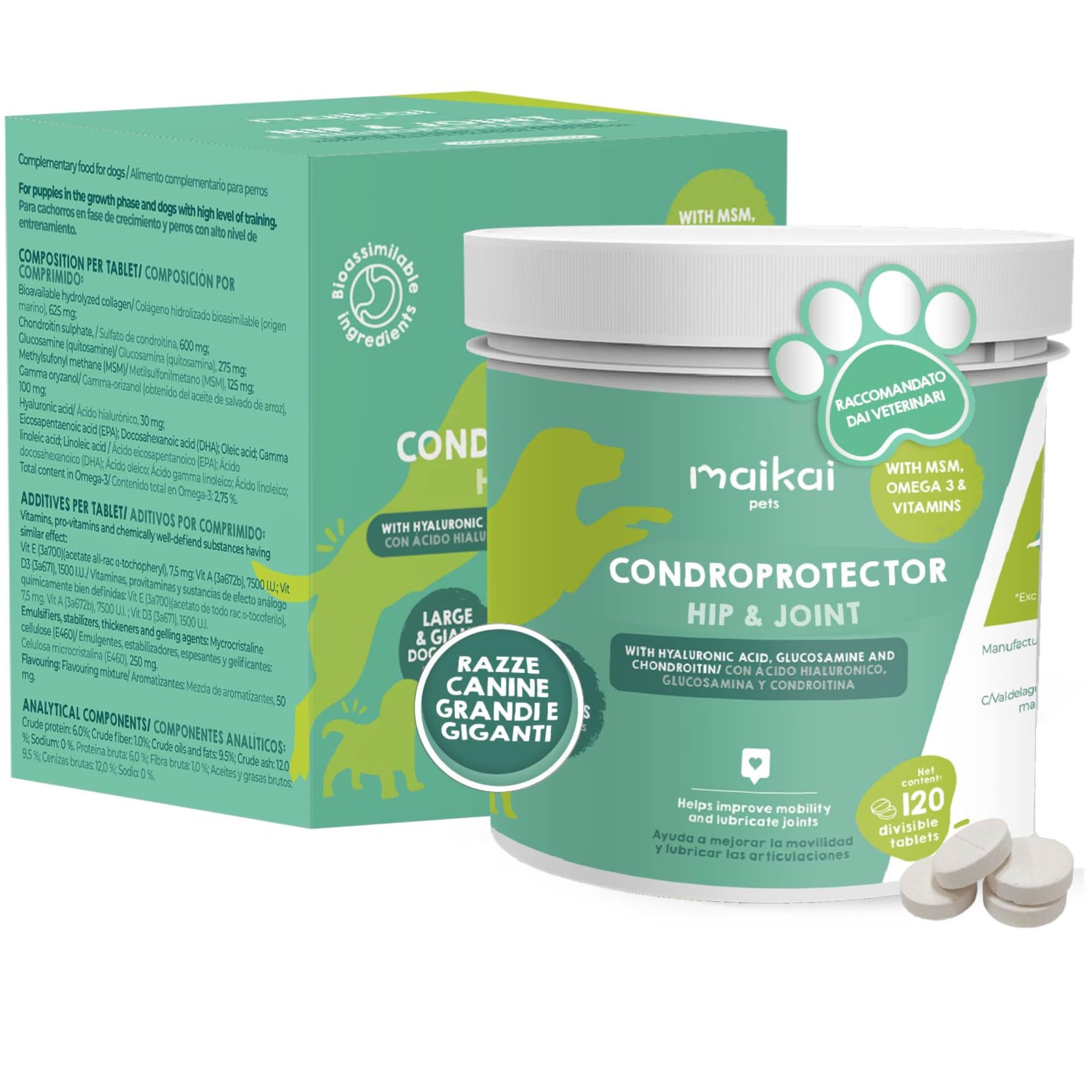 MAIKAI Integratore Articolazioni per Cani di Taglia Grande con Glucosamina, Condroitina, MSM e Omega 3, 120 Compresse