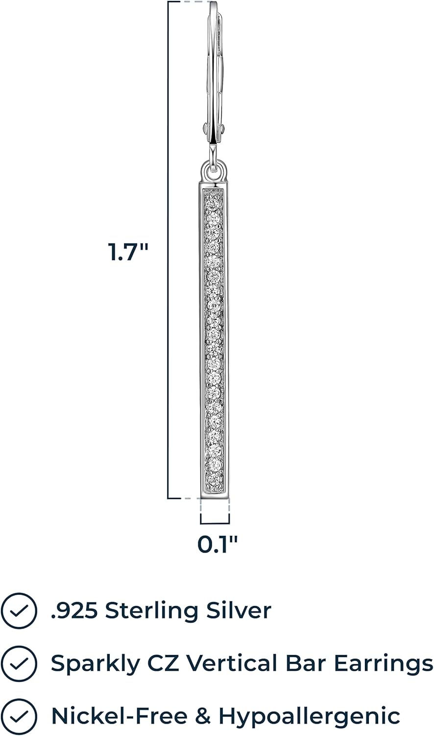 MORGAN & PAIGE .925 Sterling Silver Rhodium Plated Cubic Zirconia Vertical Bar Drop Sterling Silver Earrings for Women - Hypoallergenic Linear Dangle Earrings, Elegant CZ Jewelry for Her 1-3/4 inches
