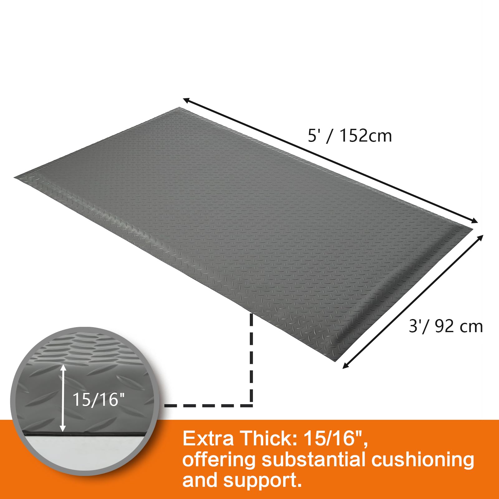 Nisorpa Anti Fatigue Mats Industrial 3' x 5' Ergonomic Standing Mat 15/16" Extra Thick Heavy Duty Commercial Diamond Plate Support Shop Floor Mat for Leg & Back Pain,Grey — Amazon image 3
