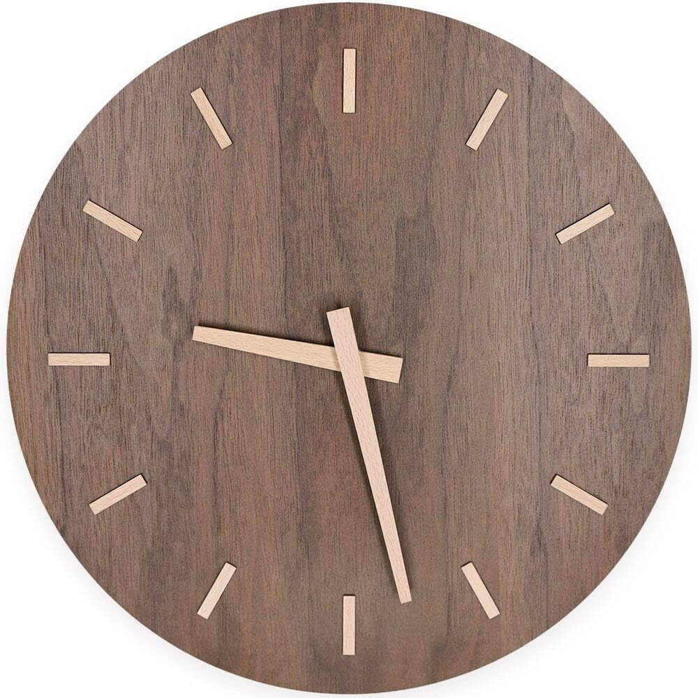 TXL 12" Large MDF Wood Wall Clock Battery Operated Silent & Non-Ticking Quartz Desk Clock with Walnut Dial & Stereo scale Simple Design Wooden Kitchen Lounges Office Decor Round Modern Wall Clock-1