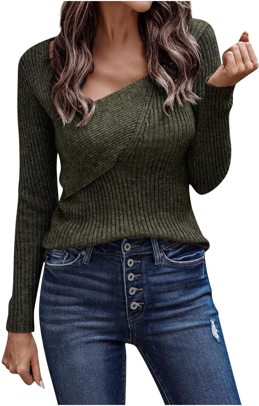 GenericFall Sweaters for Women Solid Color Long Sleeve Low Neck Irregular Sweater Casual Tops Silm Sweatshirt Clothes