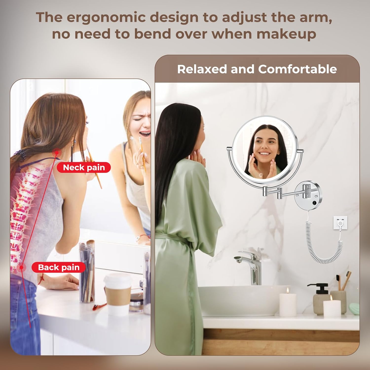 Rocollos 9" Plug-in Wall Mounted Lighted Makeup Mirror 1X/10X Magnification, Super Large Double Sided LED Vanity Mirror for Bathroom, 3 Color Dimmable 360°Swivel Extendable Shaving Cosmetic Mirror - Image 6