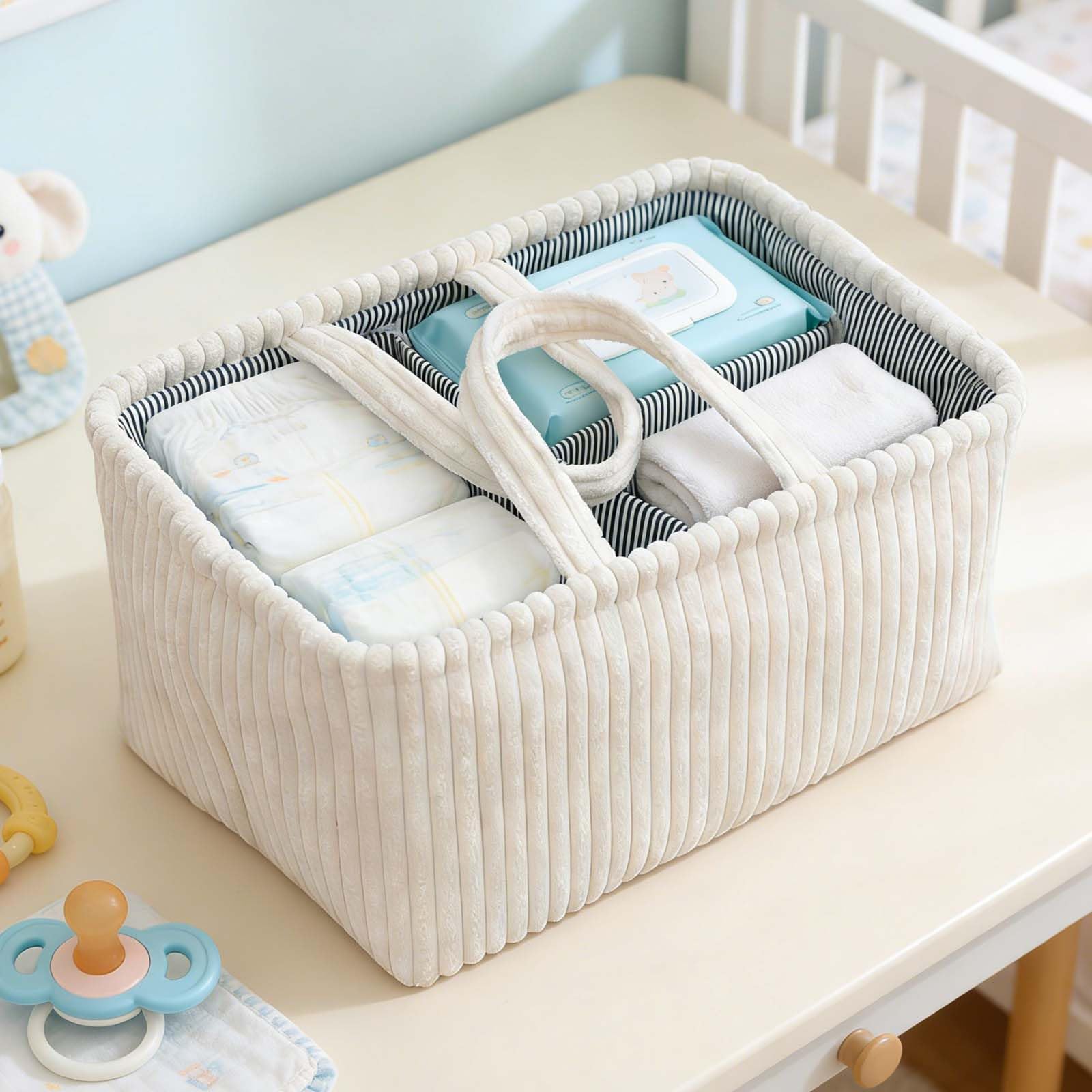 Panier Rangement Bébé, Compartiment Amovible, Panier de Rangement Bébé Portable en Peluche pour Essentiels du Nouveau-Né les Couches, Lingettes et Inserts, Cadeau Naissance, Blanc cassé