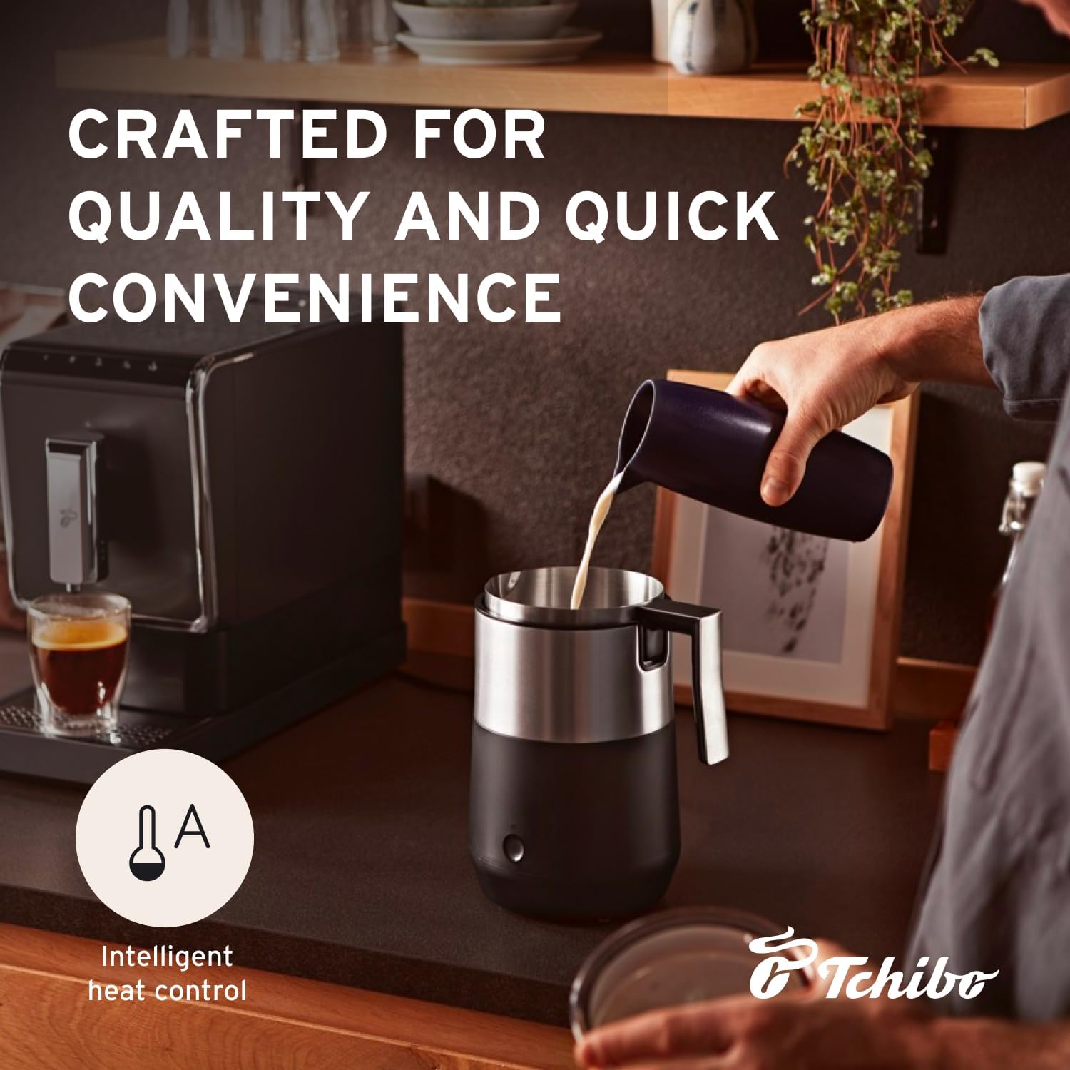 Person pouring milk into the Tchibo Induction Milk Frother