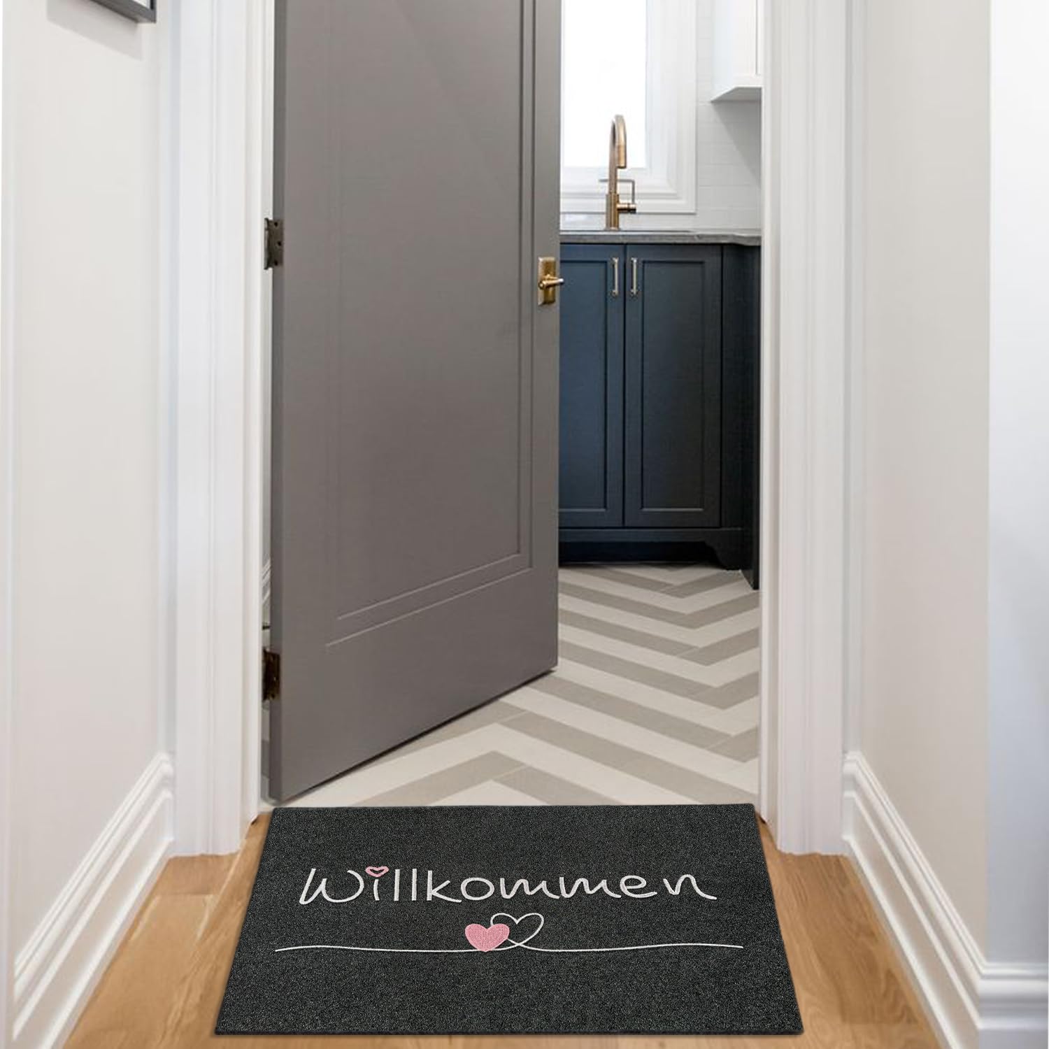 AAZZKANG Welkom deurmat buiten binnen deurmat met duurzaam antislip rubber achterkant ultra absorberend modder eenvoudig schoon te maken voordeur toegangsmat grijs