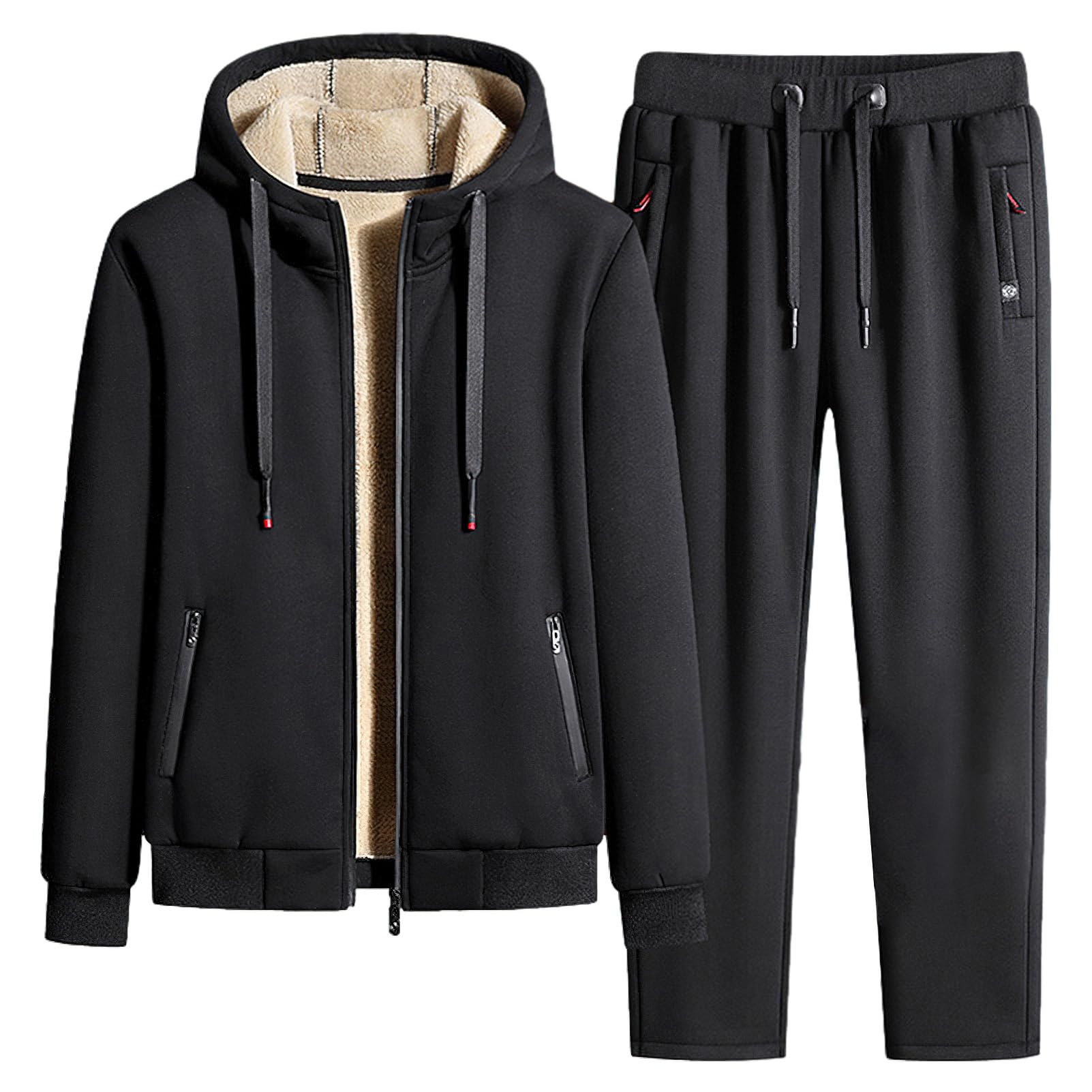 Herren Winter Fleece Gefüttert Baumwoll Trainingsanzug Set Kapuzenjacke und Jogginghose mit Reißverschlusstaschen