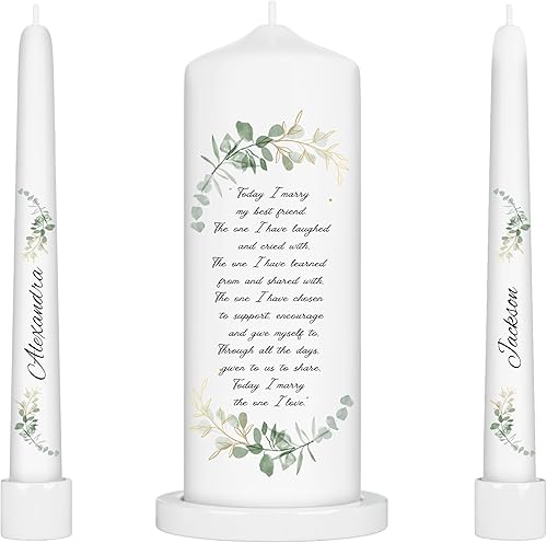 Unity Candles for Wedding, Modern Unity Set, Custom and Personalized Taper Candles with Bible Quote, Unscented White Premium Wax, Religious and
