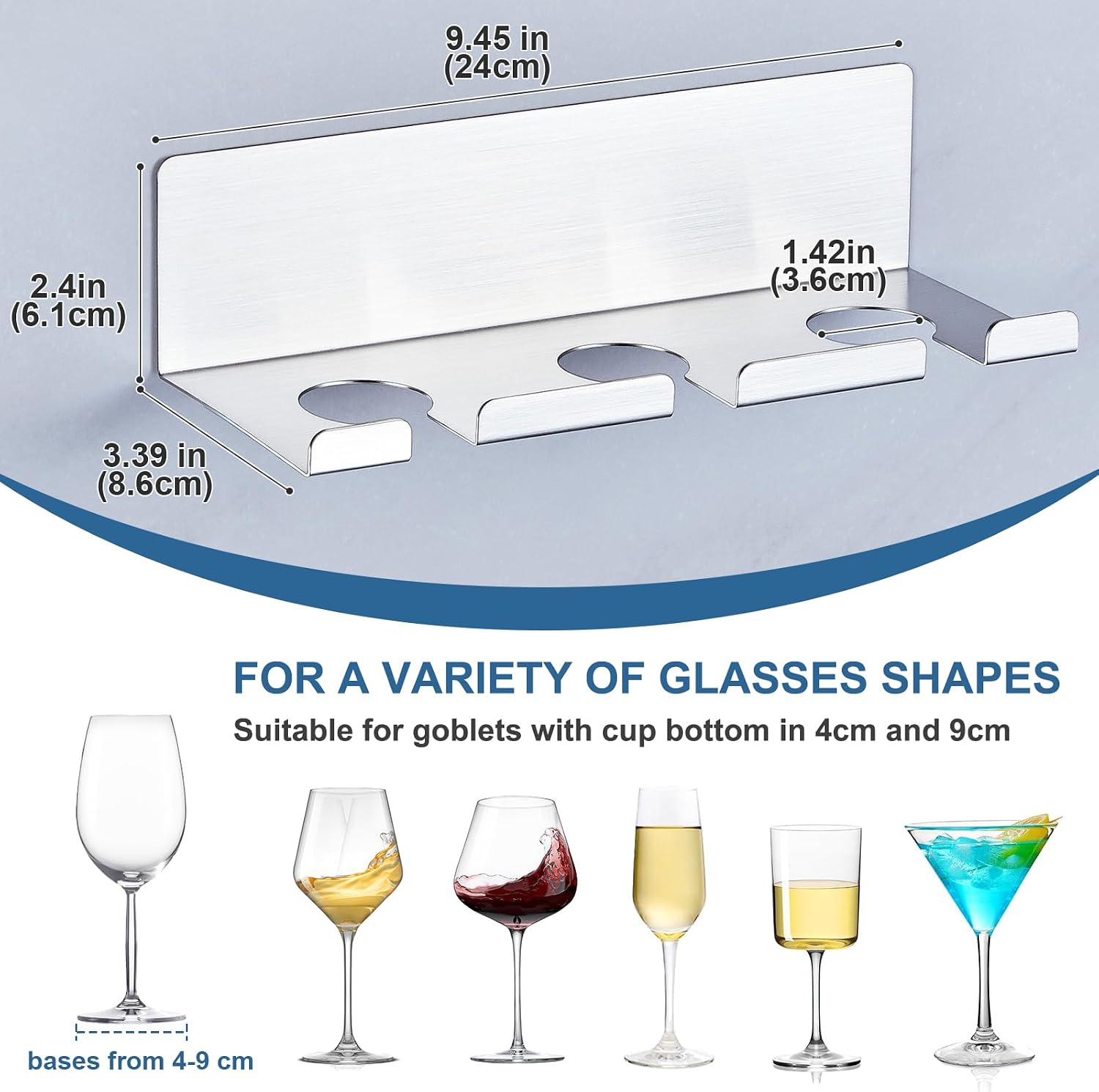Wine Glass Holder Wine Glass Drying Rack Metal Hanging Stemware Rack Wall Mounted Adhesive Hanging Wine Glass Organizer Stemware Holder for Bar Restaurant Kitchen 2 Pack (Sliver)