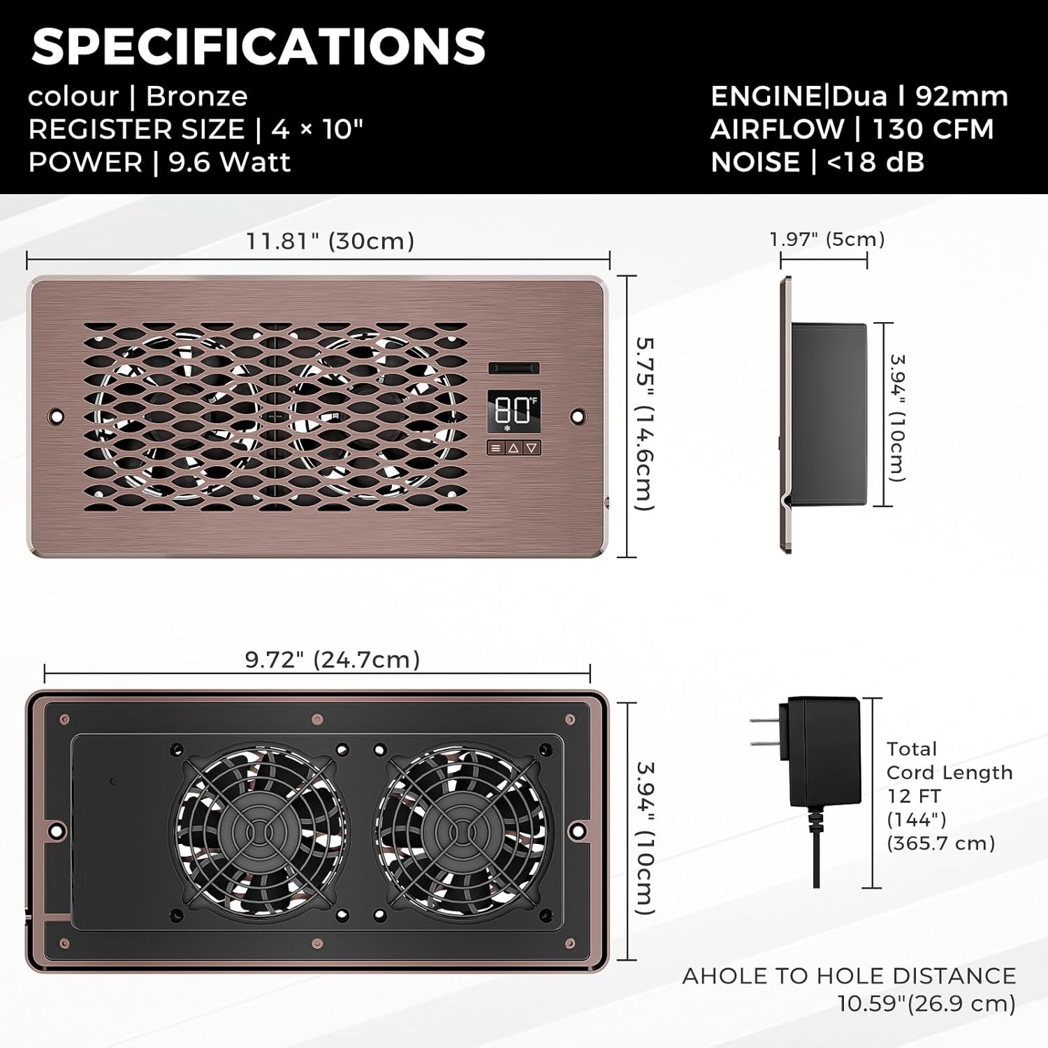 Built-in Register Booster Fan with Cover for Air Heat Vent with Fan,Fits 4"x10" Duct/Ceiling/Floor Vents, Improves AC & Heating/Cooling,Quiet 10-Speed Household/Bedroom Ventilation,smart,Bronze