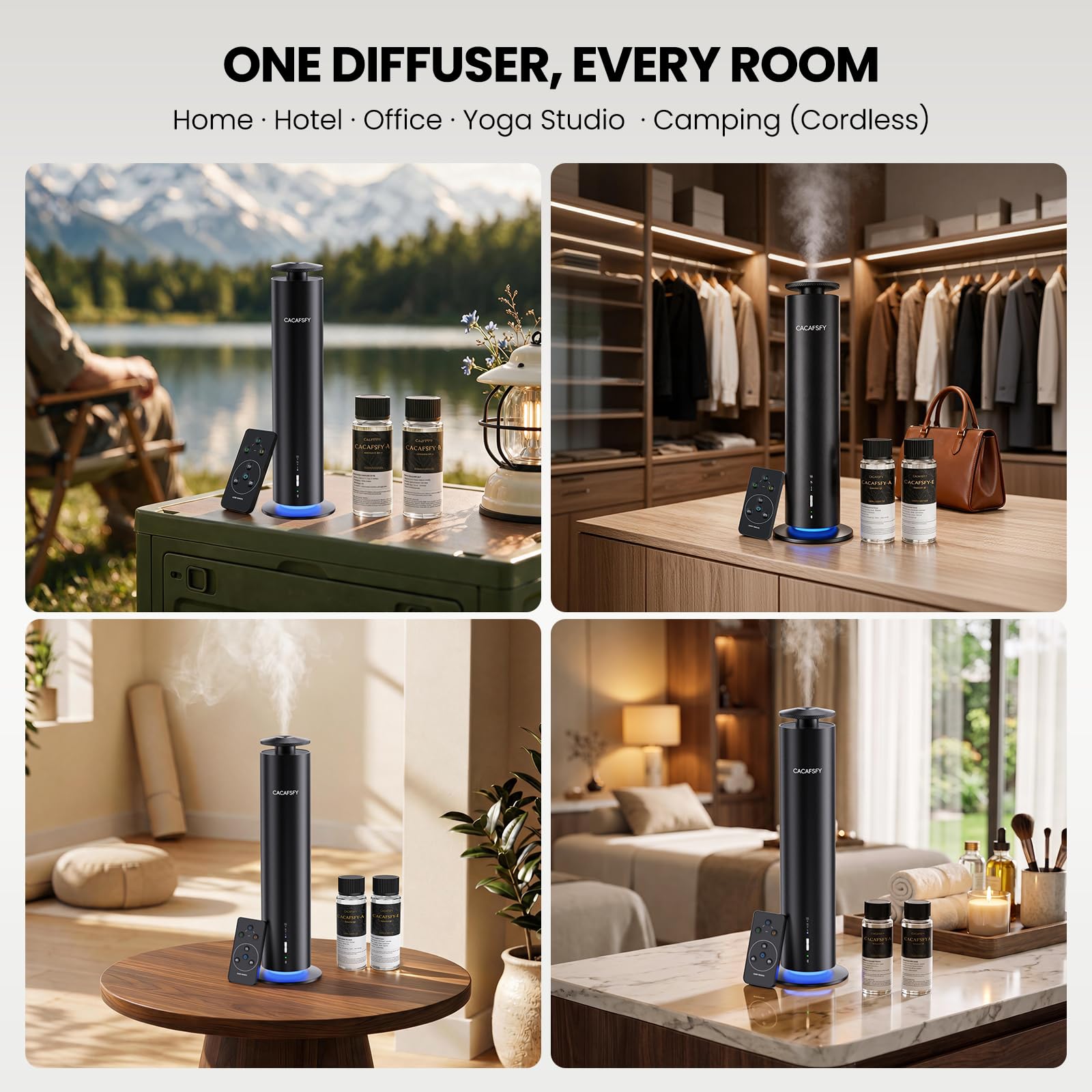 Difusor inalámbrico sin agua para aceites esenciales, difusor de aroma de hotel recargable para habitaciones grandes de hasta 1000 pies cuadrados, aplicación, control remoto y temporizador