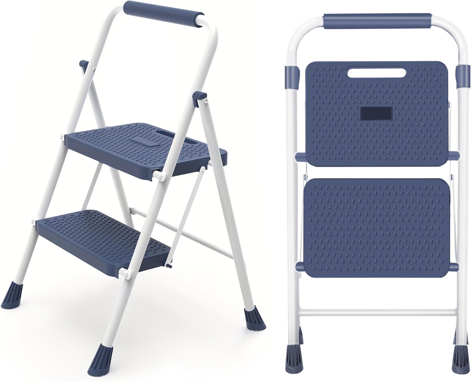 Step Stool, 2 Folding Step Ladder, Portable Steel Folding Stool for Adult with Wide Non-Slip Pedal, Step Stools for Kitchen, Closet, Library, Blue