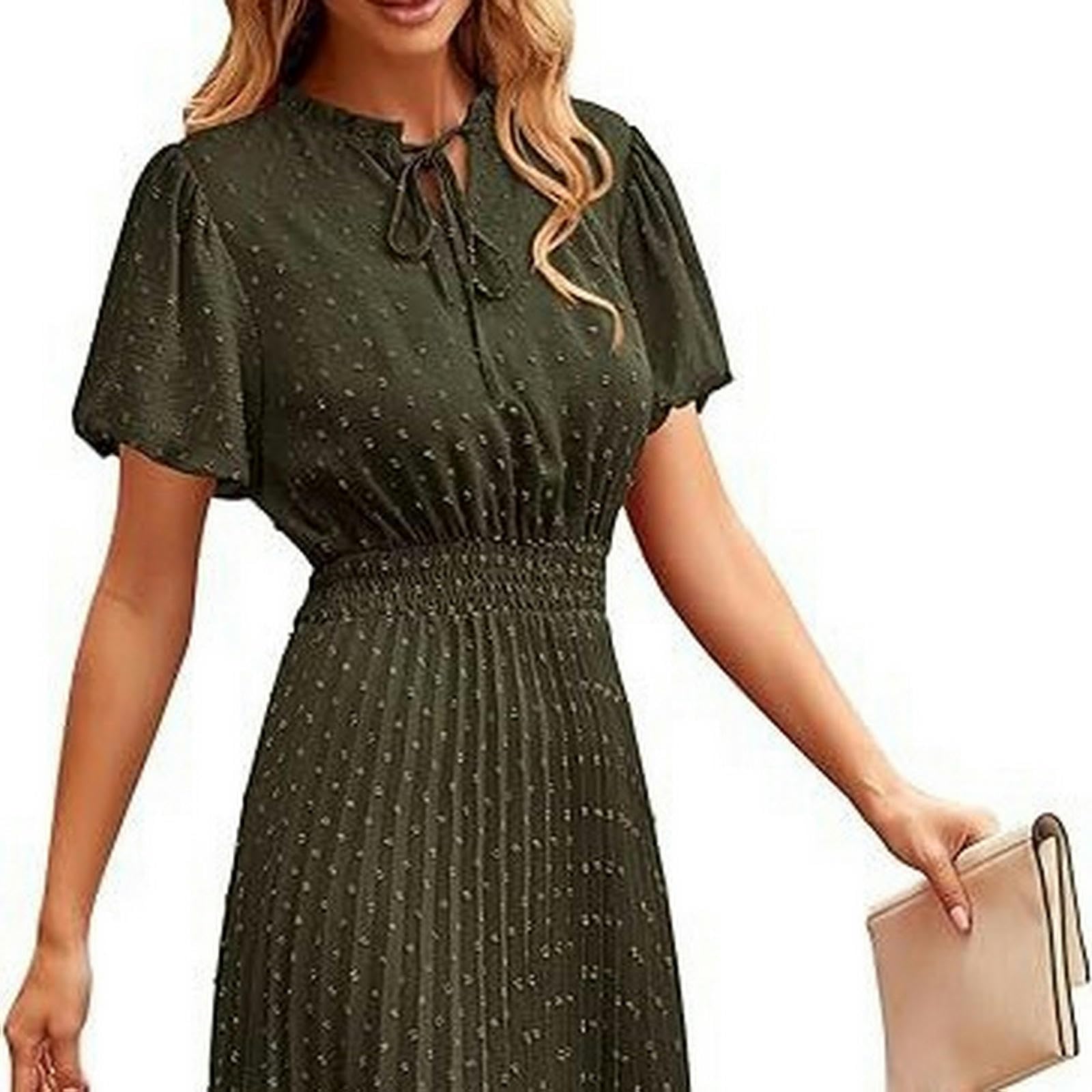 Abito Midi Delle Donne Casual Scollo a V Swiss Dot Plissettato Senza Maniche A-Line Beach Dress, YYEFNMAZ, Maniche lunghe marrone, l