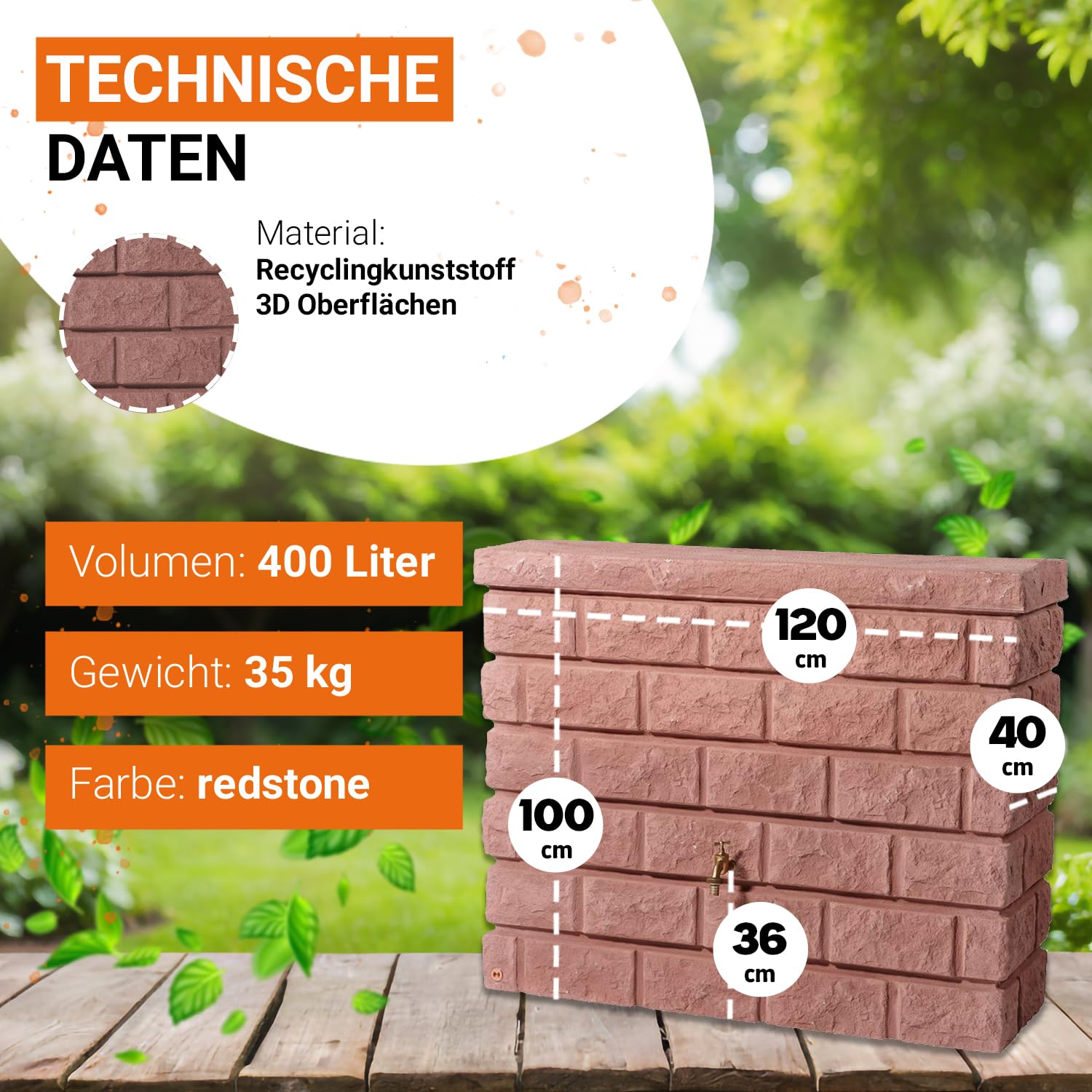 GARANTIA Rocky Regentonne 400 Liter Redstone Wandtank, Regenfass Wassertank