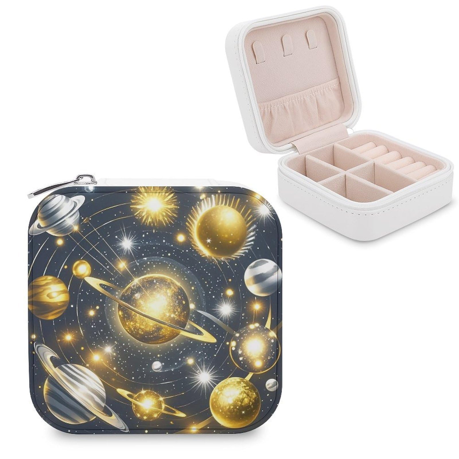 LZQPOEAS Gold And Silver Space Themed Jewelry Box Mini Jewelry Travel Case Trendy Stuff Ring Box Custom PU Leather Jewelry Boxes Portable Jewelry Case Earring Storage Organizer for Girls Women