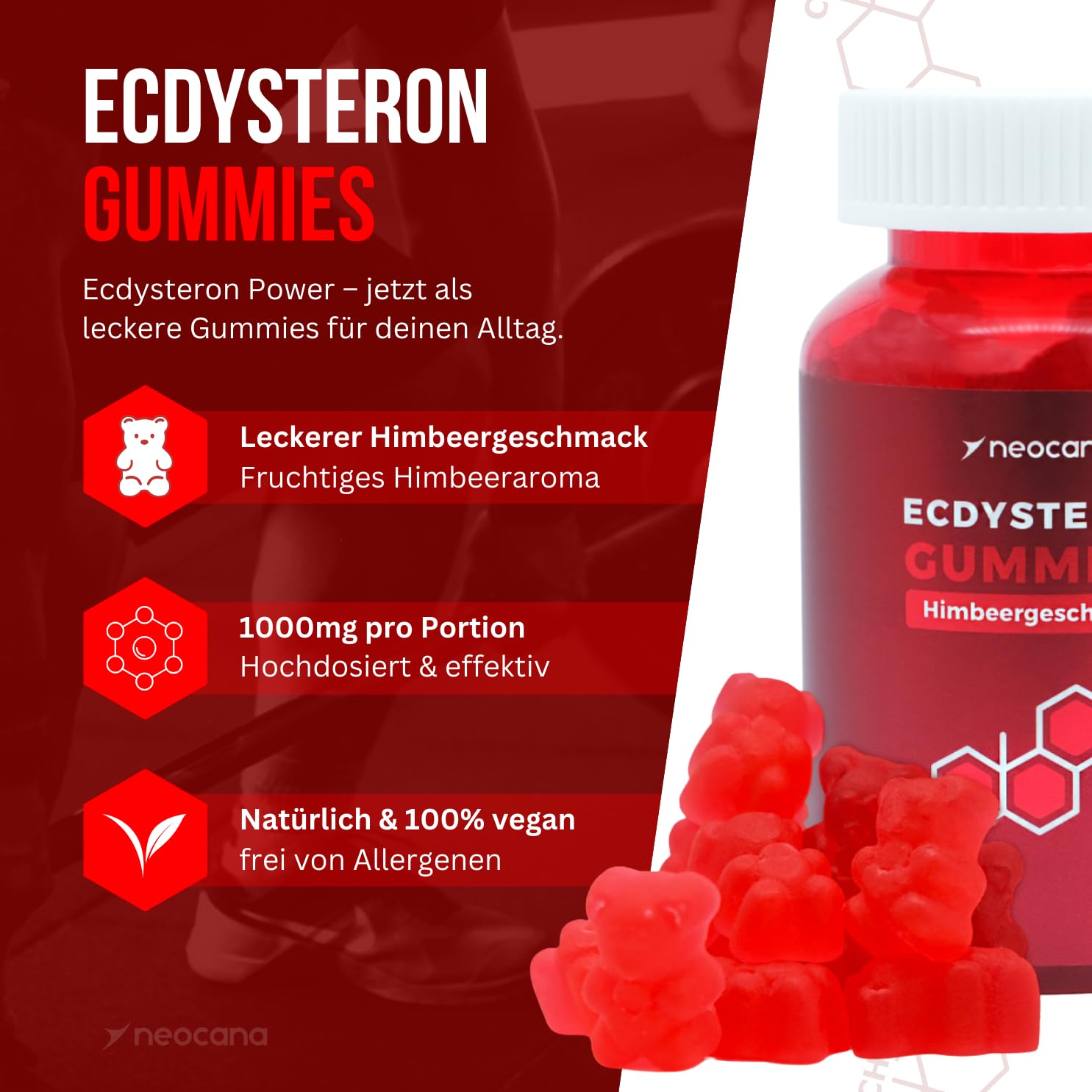 Ecdysteron Fruchtgummis 1000mg pro Portion – 98% Beta-Ecdysteron aus Cyanotis Arachnoidea – Muskelaufbau Booster – Vegane Gummies – Supplement Alternative zu Kapseln & Tabletten – 60 Stück