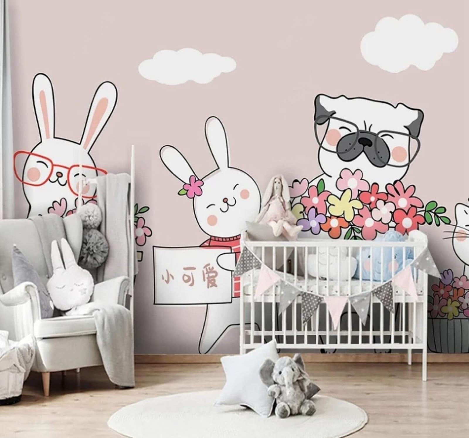 Cartoon Hand Painted Cute Little Rabbit Little Cat 3D Wallpaper Easy Install Feature Office Living Room Sofa Bedroom TV Background Wall Decoration-150cm×105cm