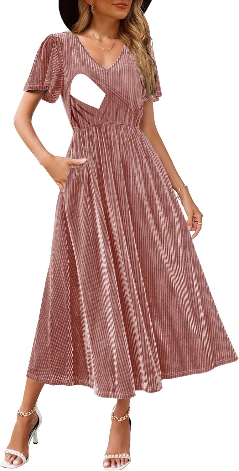 Women's Nursing Short Sleeve V Neck Velvet Maxi Dress Flowy Wedding Party Dresses with Pockets