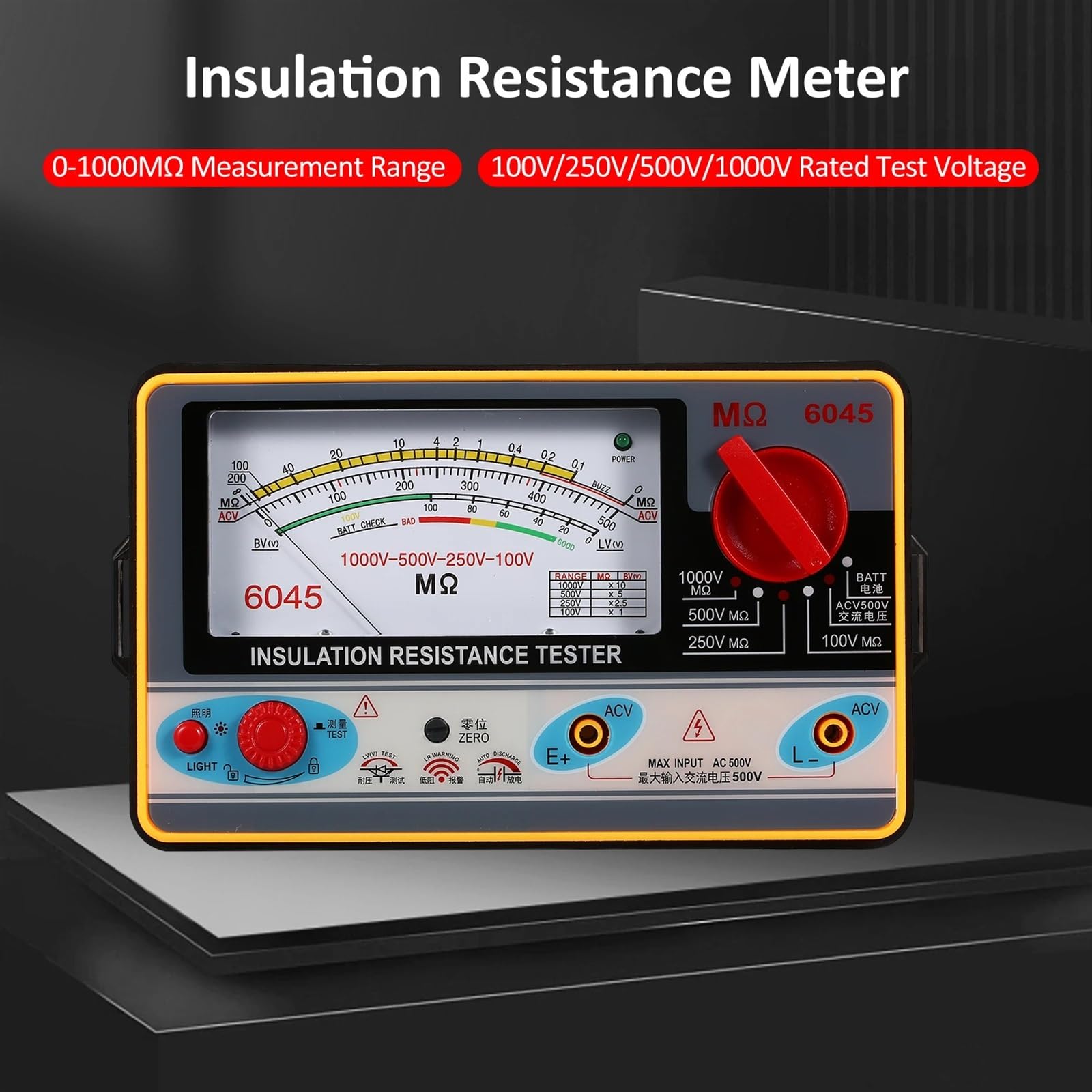 Medidor LCR, Medidor de resistencia de aislamiento Ohmímetro digital Probador de aislamiento Megametro 0-2000 MΩ 100 V/250 V/500 V/1000 V Megóhmetro,Preciso y rápido(TY6045)