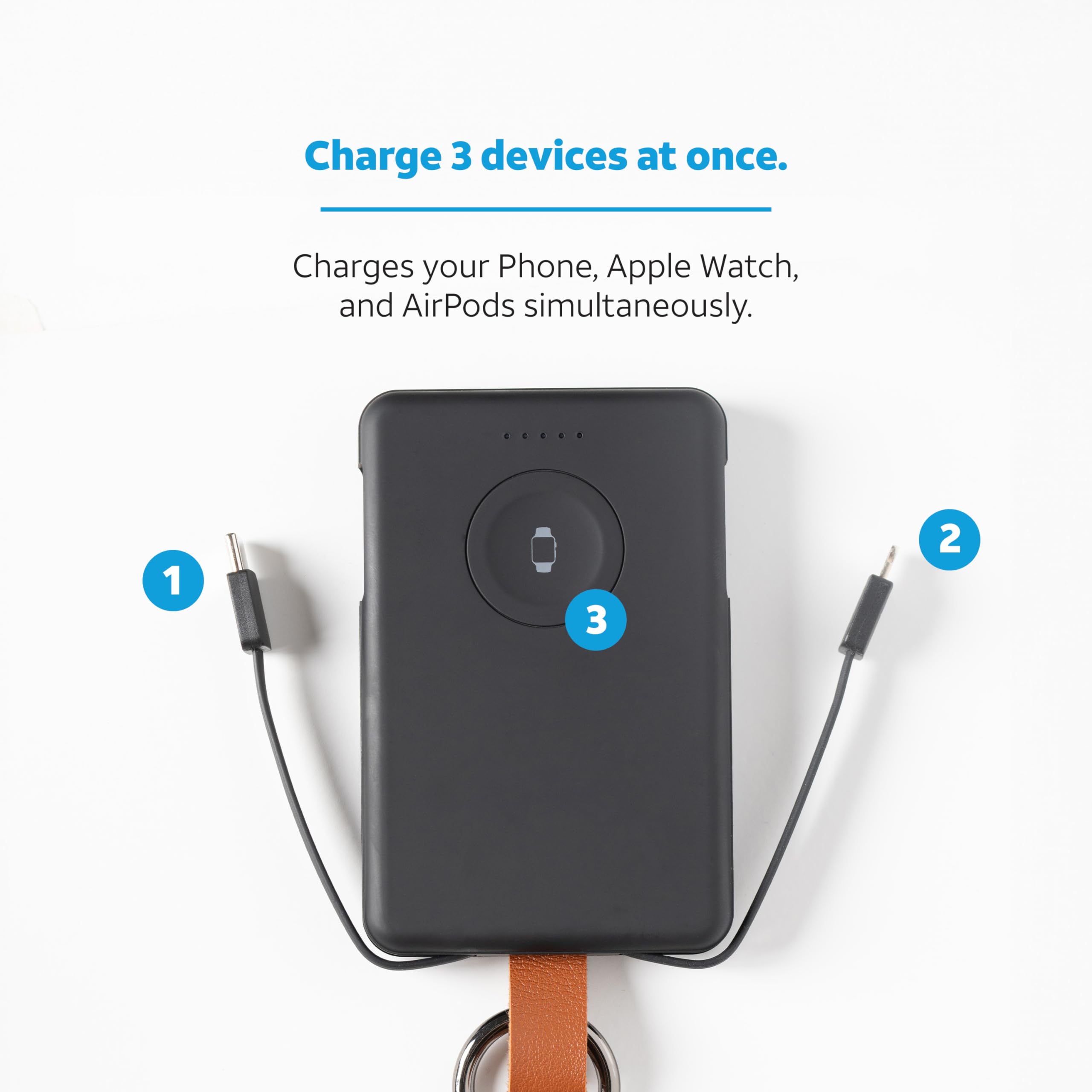 AT&T Essentials 3-in-1 Portable Power Bank Keychain, Travel Accessories, USB-C and Lightning, 5K mAh, Black