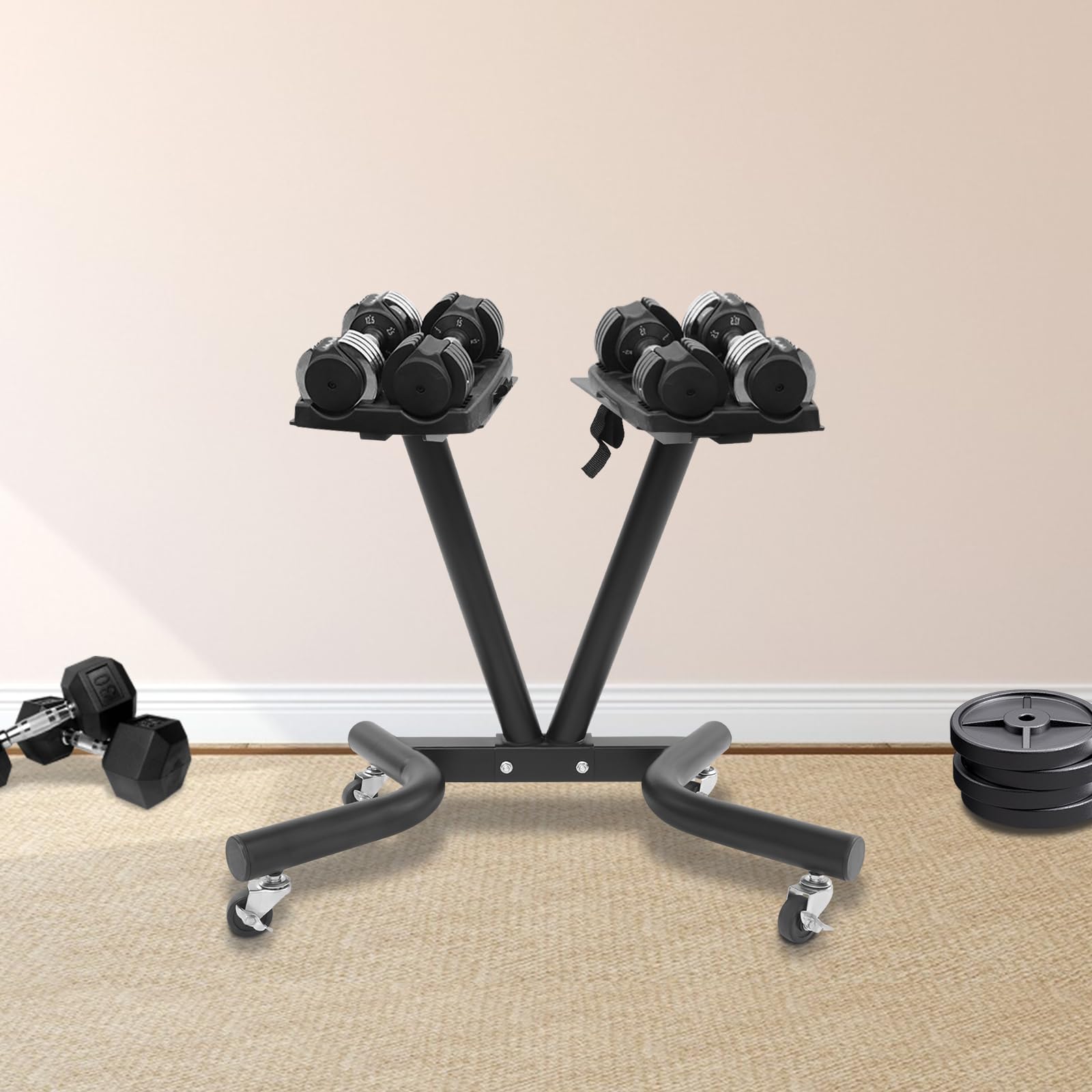 Soporte para mancuernas compacto, soporte de metal ajustable, soporte de pesas multifuncional con ruedas universales, soporte para pesas de hasta 50 kg, 67 x 46 x 54 cm