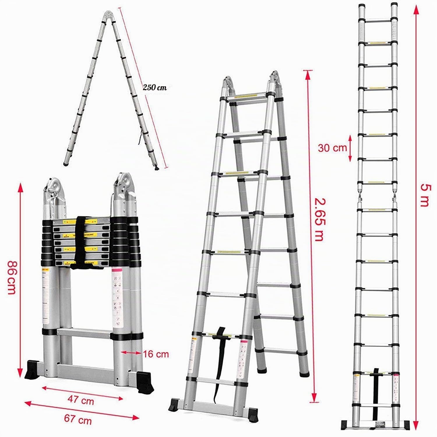 COOCHEER Escalera telescópica Plegable 5M, 2 en 1, Escalera Plegable de Aluminio con 16 peldaños, Carga máxima 150 kg, Plata Pura