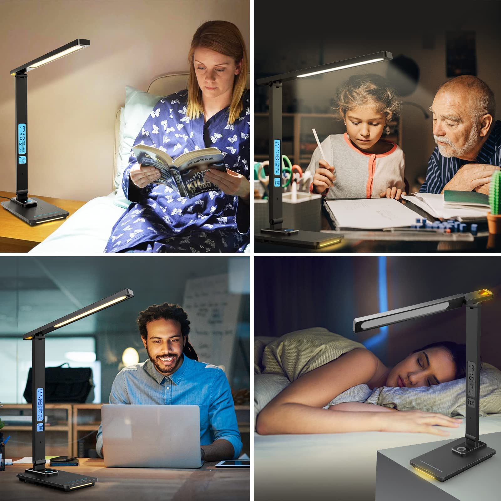 LAOPAO LED-Schreibtischlampe mit kabellosem Ladegerät, USB-Ladeanschluss, Touch-Schiebe, dimmbar, Auto-Timer, Tischlampe mit Nachtlicht, Schreibtischlichter mit Uhr für Studium, Lesen, Heimbüro