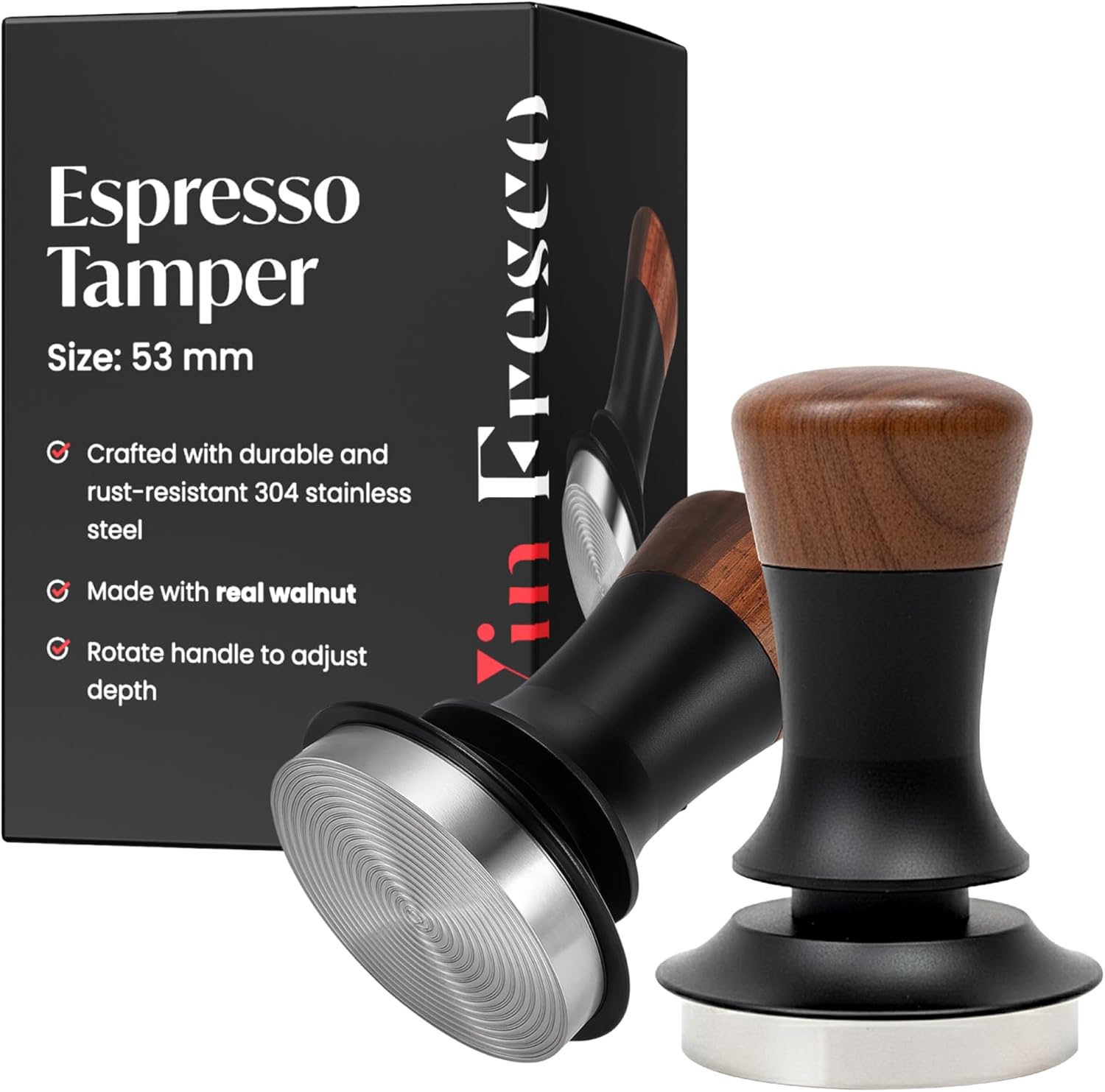 Espresso Tamper for 54mm Portafilter – Adjustable Depth Spring Loaded Tamper for Consistent Tamping – Barista Coffee Press Tool with Stainless Steel Base – Black & Walnut