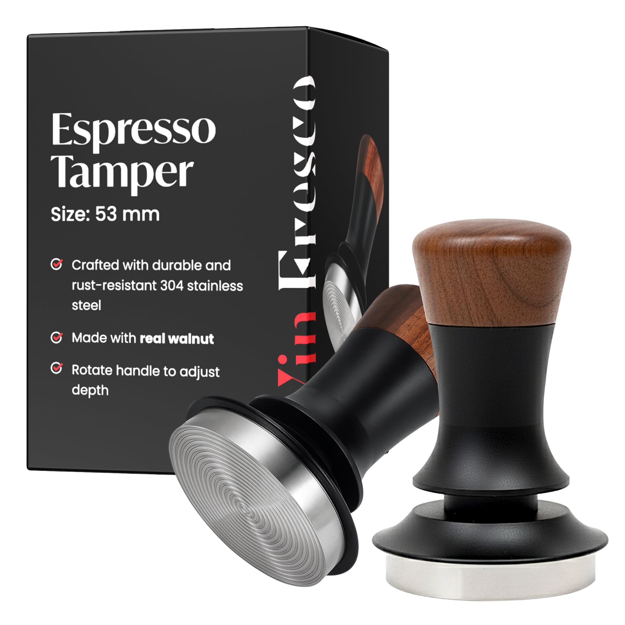 Espresso Tamper for 54mm Portafilter – Adjustable Depth Spring Loaded Tamper for Consistent Tamping – Barista Coffee Press Tool with Stainless Steel Base – Black & Walnut