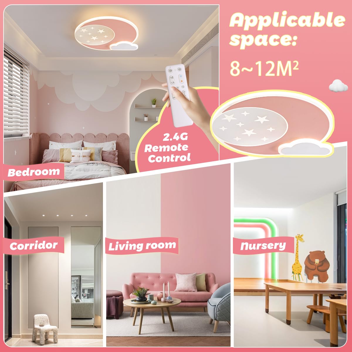 LED Deckenleuchte Rosa Stern Mond Deckenleuchte Dimmbar mit Fernbedienung,Nachtlichtfunktion,Kinderzimmer Schlafzimmer Wohnzimmer Flur Jungen und Mädchen Schlafzimmer Deckenleuchten 30cm