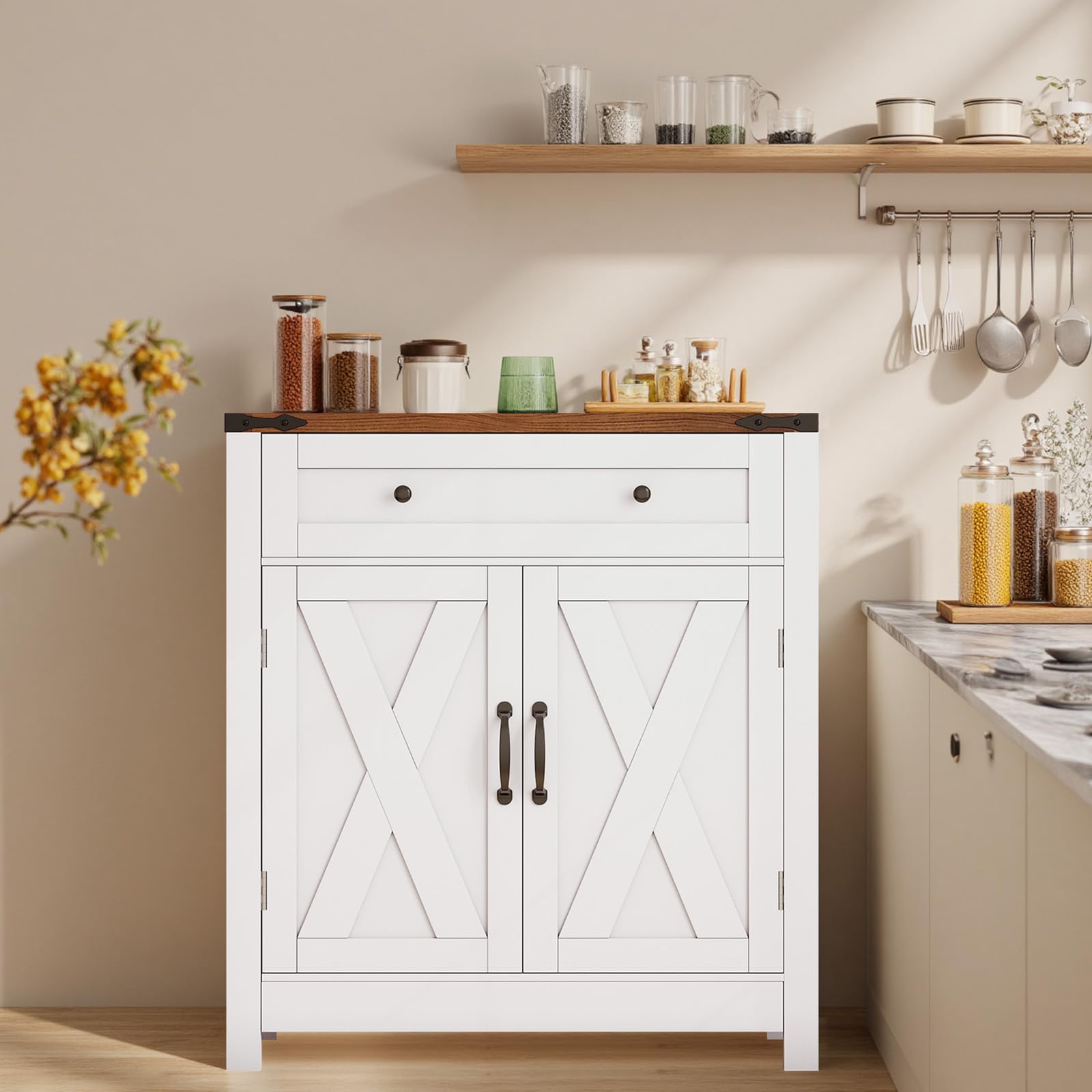 GRUSIGN 30-inch white coffee bar sideboard cabinet with drawer and adjustable shelf
