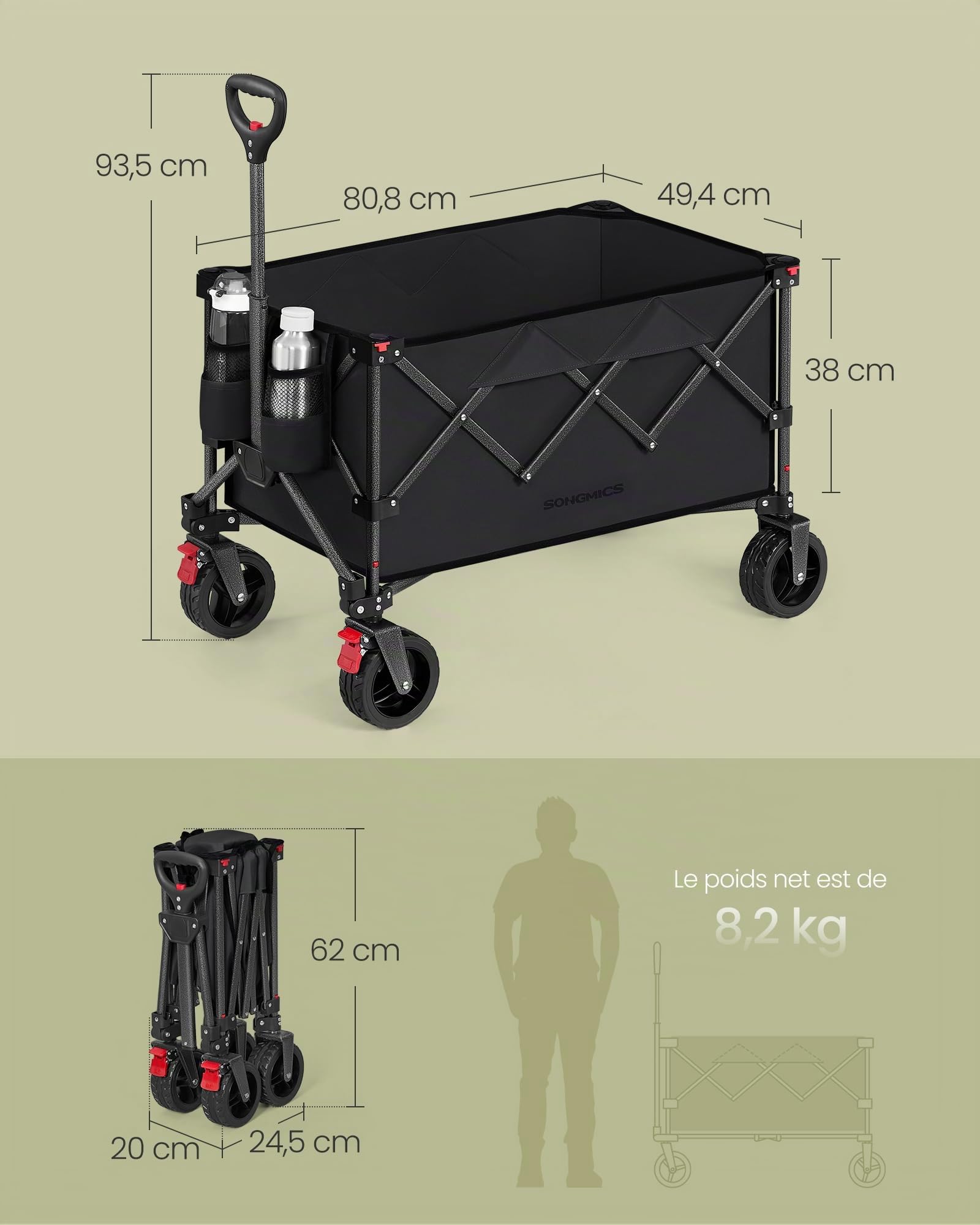 SONGMICS Chariot Pliable, Capacité de 150 L, Supporte Jusqu à 150 kg, avec Poignée, 4 Roues Amovibles, Chariot de Jardin, Économie d Espace, pour Extérieur, Plage, Camping, Noir d'encre GFW115B01