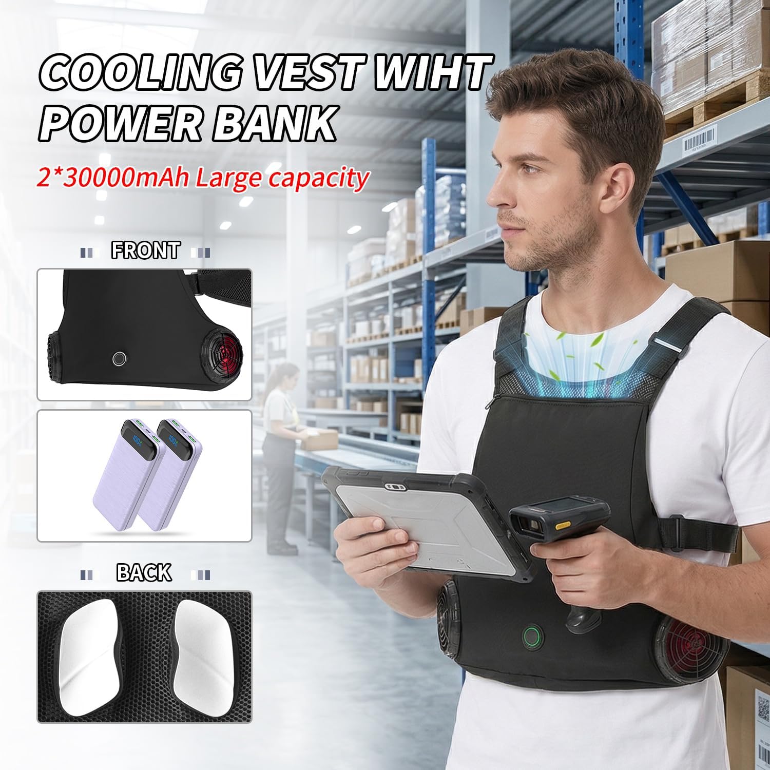 THEKUKU Cooling Vest with 3 Fans Cooling Plate, Portable Wearable Fan with Large Capacity Battery, Adjustable Air Conditioner Vest for Outdoor Working,Running,Cycling(Black)