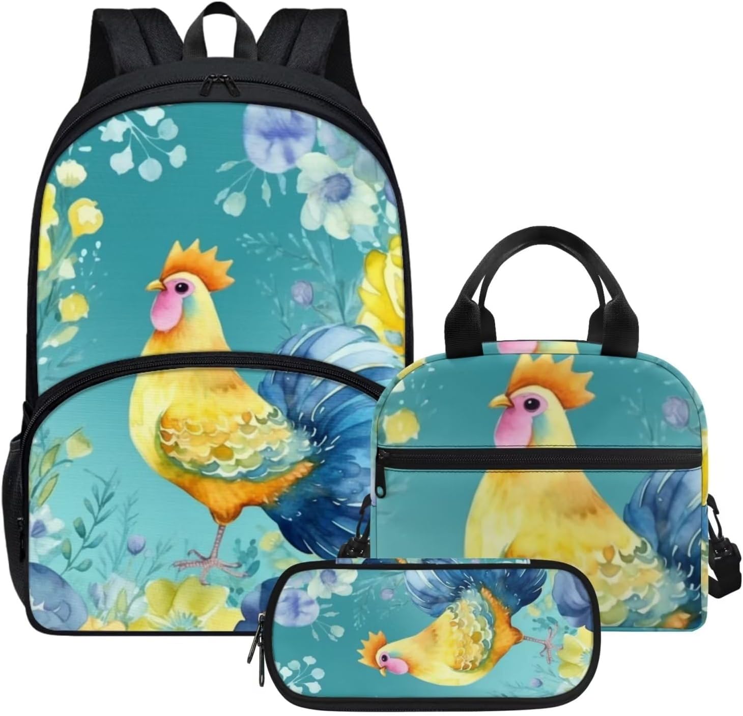 Cute Girls Backpack with Lunch Box Pencil Case Multi Pockets Large Green Floral Horse School Backpack and Lunch Bag Set for Girls Student Lightweight Basic Comfy Book Bag 17 Inch