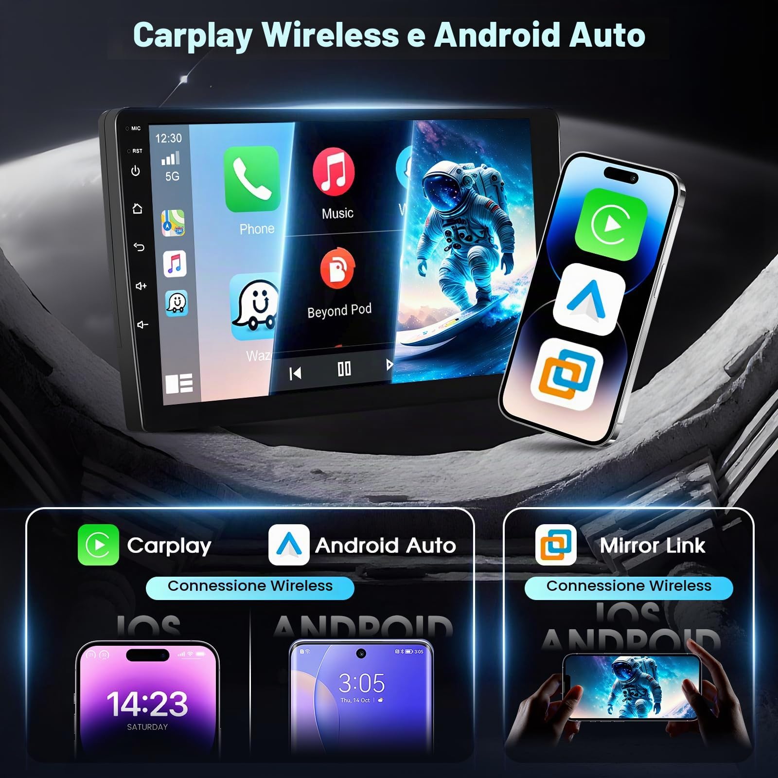 [Aggiornamento] Autoradio 2 DIN 4G+64G Qualcomm Wireless Apple CarPlay e Android Auto, Android Radio con Schermo Touch HD da 10'' con GPS/Bluetooth/EQ/FM/RDS/Telecamera di Retromarcia