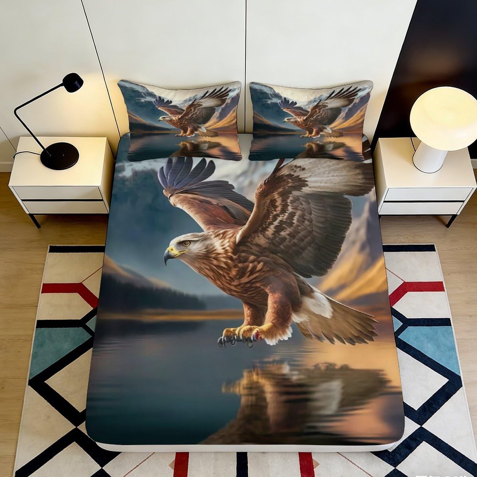 3D Printed Eagle Mountain Fitted Sheet Microfiber Soft Anti-Slip Lake Sunset Mattress Cover for Bedroom Dorm Decor 90x200x25cm