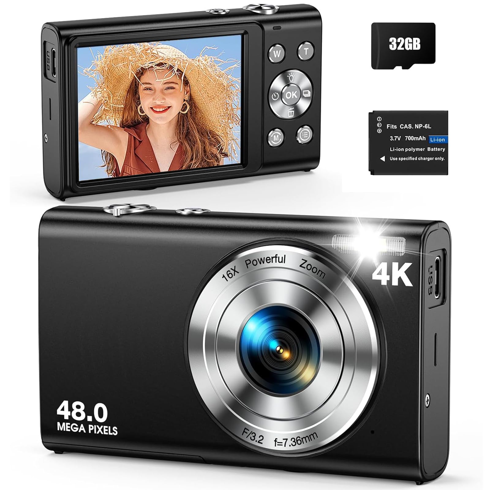 Ponicozy Digital Camera, 48MP UHD 4K Vlogging Camera, Digital Point and Shoot Camera with 32GB SD Card,16X Zoom Anti Shake, Compact Small Camera for Teens/Boys/Girls (Black)