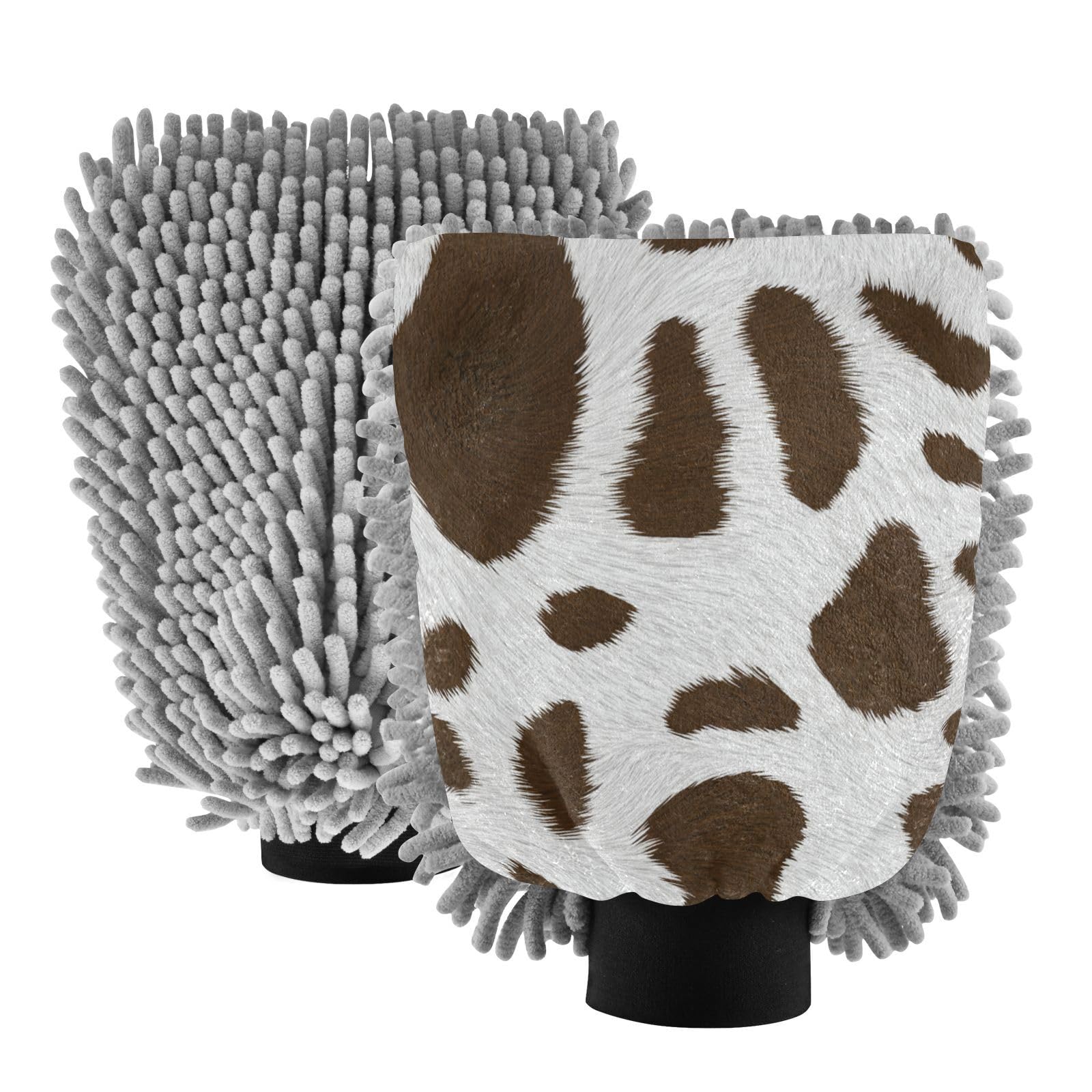 STAYTOP Cow Texture Pattern Car Wash Mitt Microfiber, 2Pcs Scratch Free Lint-Free, Premium Chenille Microfiber Mitt Car Wash Brush-L