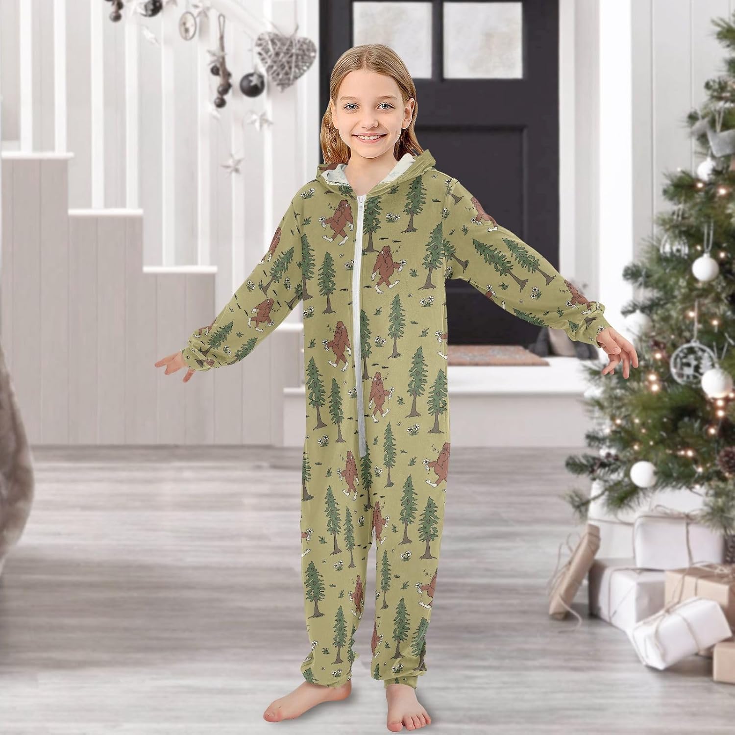 Bigfoot Sasquatch Unisex Onesie Pajamas One-Piece Costume Hooded Sleepwear Jumpsuit 4-14Y