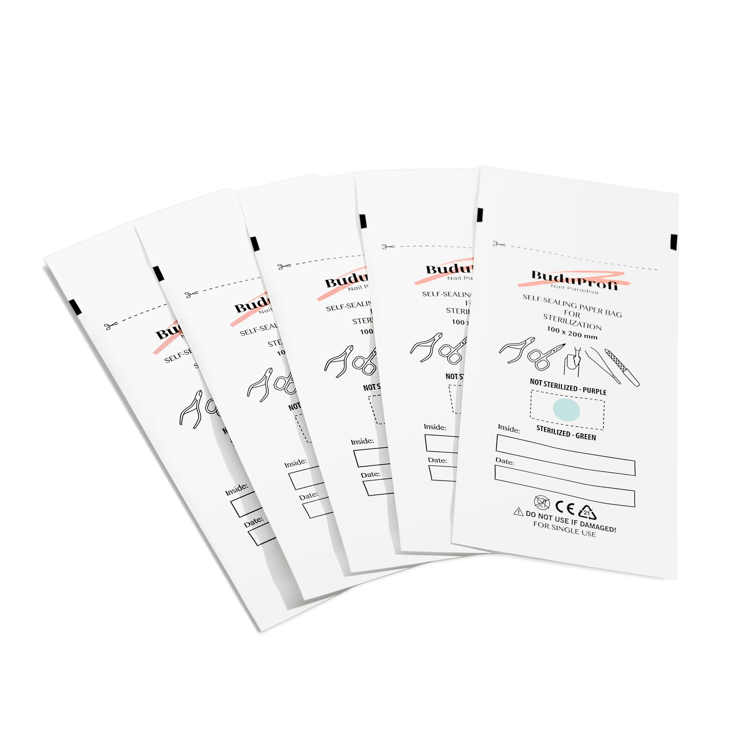 Lot de 100 sacs de stérilisation autoclave et four sec instruments manucure pédicure avec indicateur et scellage (100 x 200 mm, blanc)