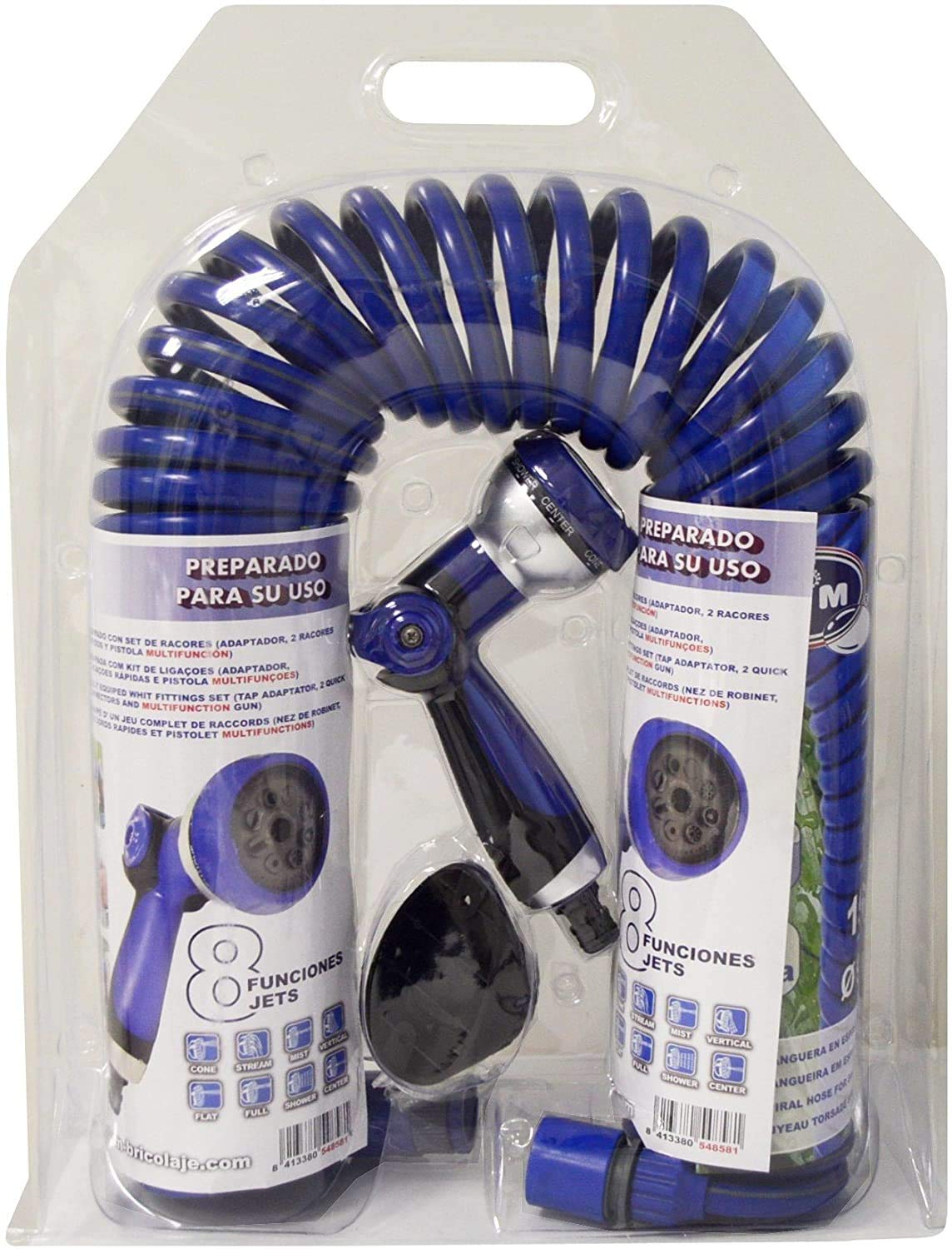S&M 590078 – Kit de manguera helicoidal azul 15 metros (9 mm diámetro) + pistola multifunción 8 chorros + automático rosca hembra con adaptador ¾”-½” + 2 conectores rápidos + soporte colgador