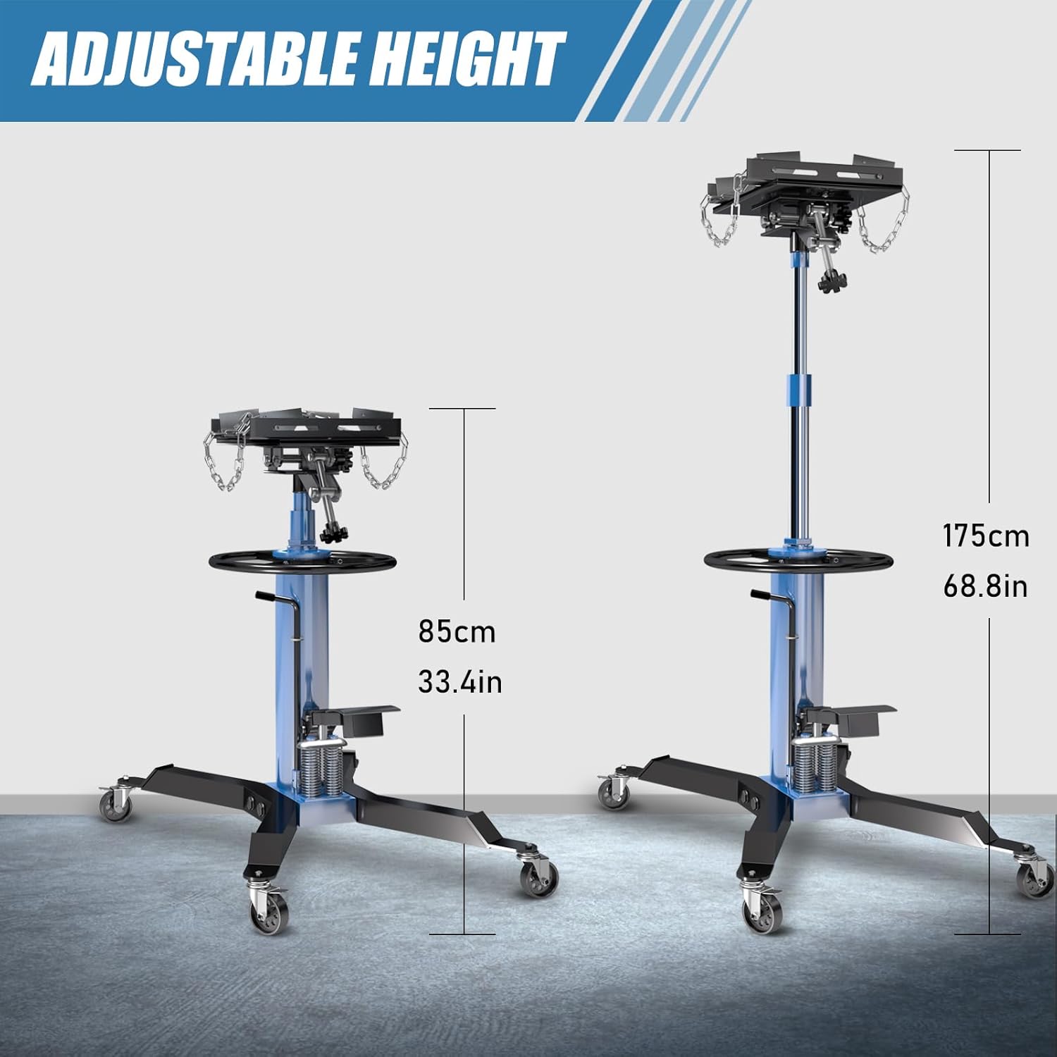 LARBANKE Hydraulic Transmission Jack with 2 Stage Hydraulic Ram,1322lbs Capacity with Foot Pedal,33.4"-68.8" High Lift,2-Stage Hydraulic Lift Telescoping Transmission Jack,360° Swivel Wheel,Blue