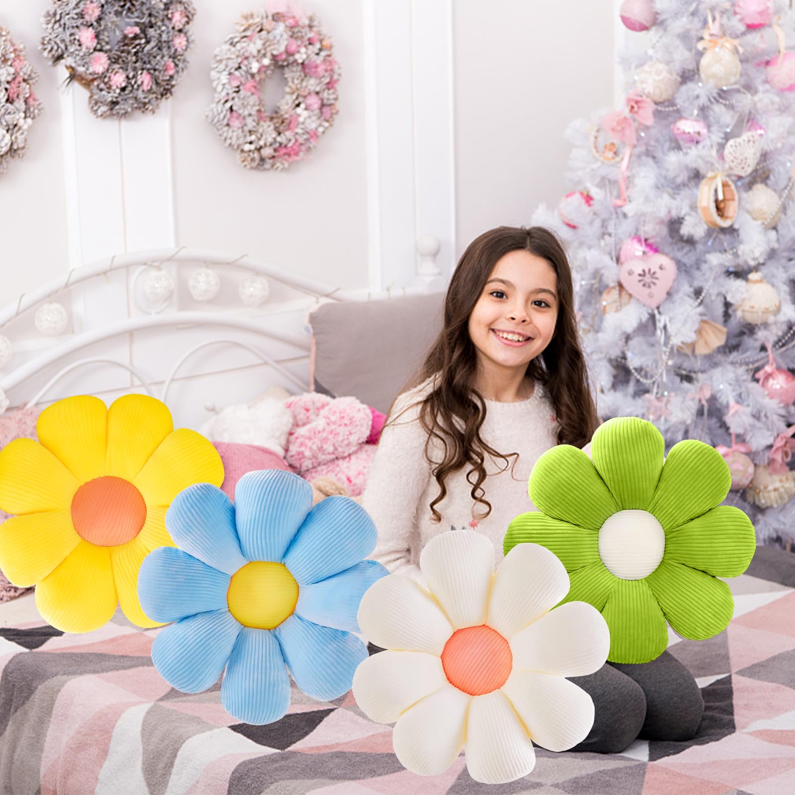 4 cuscini a forma di fiore per pavimento, graziosi cuscini da seduta per letto, cuscini decorativi a forma di fiore, per auto, casa, divano, sedia e pavimento (blu, bianco, giallo, verde)