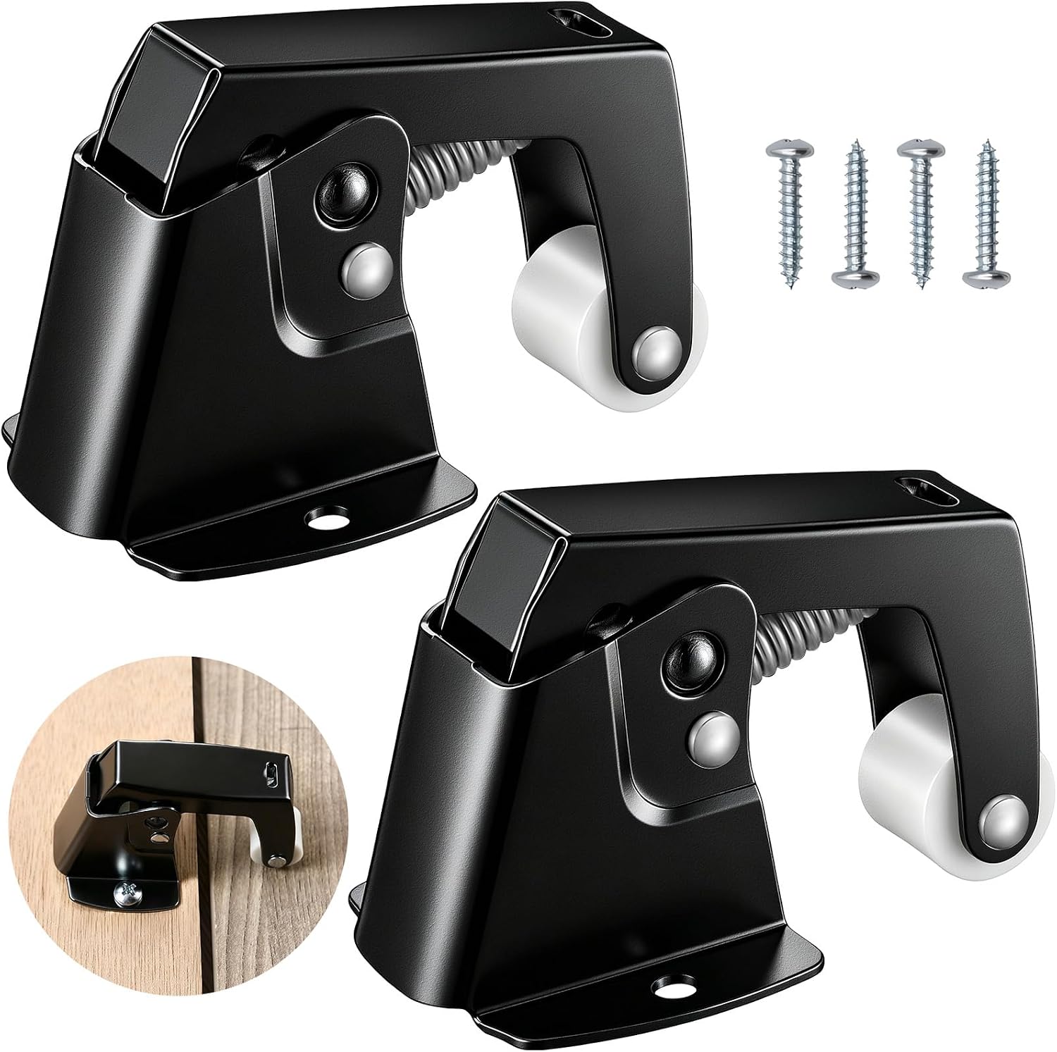 Dreyoo 2 Pack Screen and Storm Door Catch, 1-3/4 x 1-5/8 in, Black | Spring Loaded Door Catch, Zinc Plated Construction, Hinged Swinging Doors, Cabinet and Cupboard Catch, Easy Installation