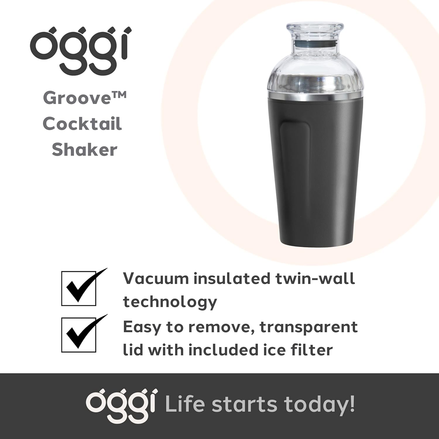 OGGI Groove Insulated Cocktail Shaker-17oz Double Wall Vacuum Insulated Stainless Steel, Tritan Lid has Built In Strainer, Ideal Cocktail Mixer, Martini Shaker, Margarita Shaker, Black - Image 7