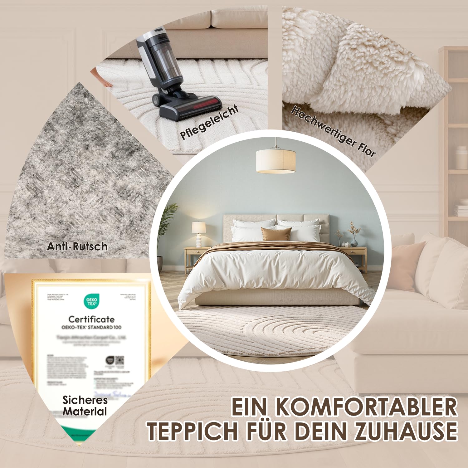 Runder Teppich Beige Ø 120 cm mit Relief-Struktur Kreise, Weicher Soft-Flanell, rutschfest, Waschbar & Faltbar, Deko-Akzent für Kinderzimmer & Leseecke