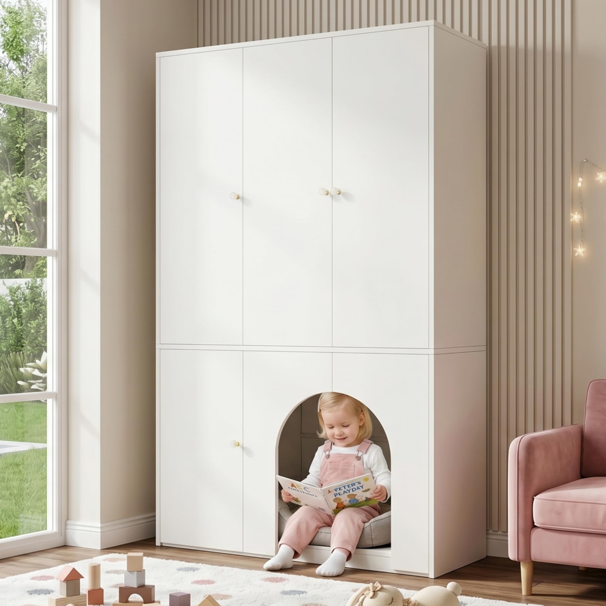 Kleiderschrank Hochschrank Aufbewahrungsschrank Sideboard mit Haustierhöhle, 3-türig, Kleiderstange & Regalböden, für Schlafzimmer Flur, 120x50x200cm Weiß