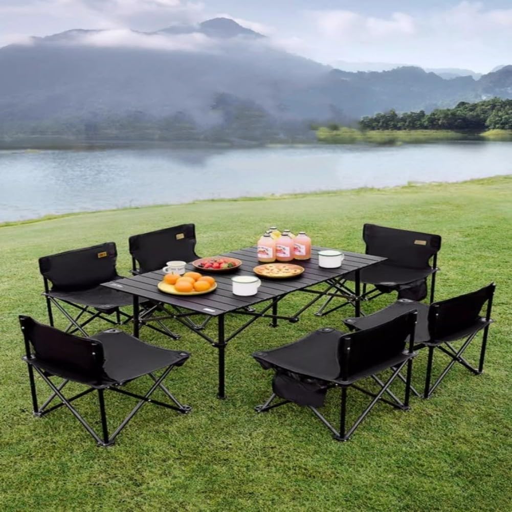 Portable Folding Camping Table and Chair Set for Outdoor Picnics, 6 Chairs and 1 Table. Black