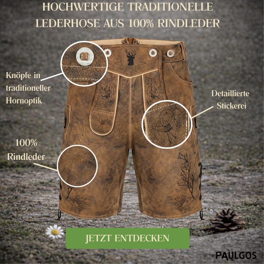 PAULGOS Herren Trachten Lederhose HK3-ANTIK+ Träger, Echtes Leder, Gr. 44-60